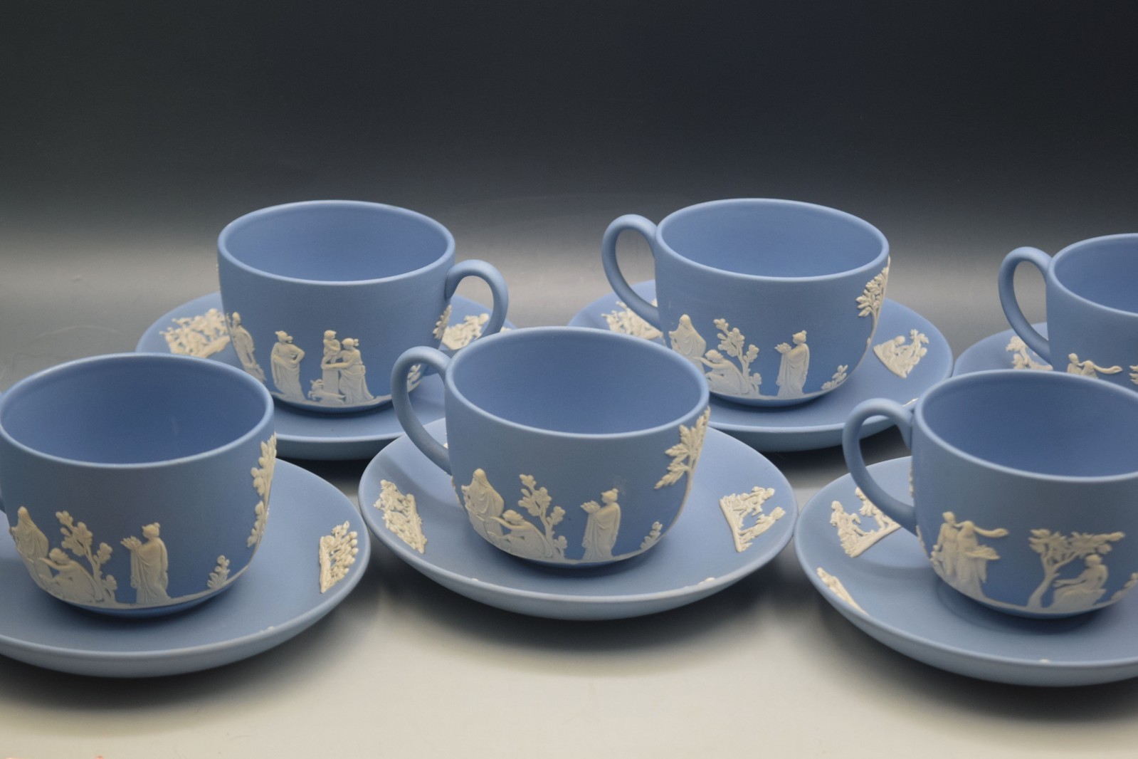 6 SETS WEDGWOOD BLUE JASPERWARE CUPS AND SAUCERS NEOCLASSICAL MYTHOLOGY