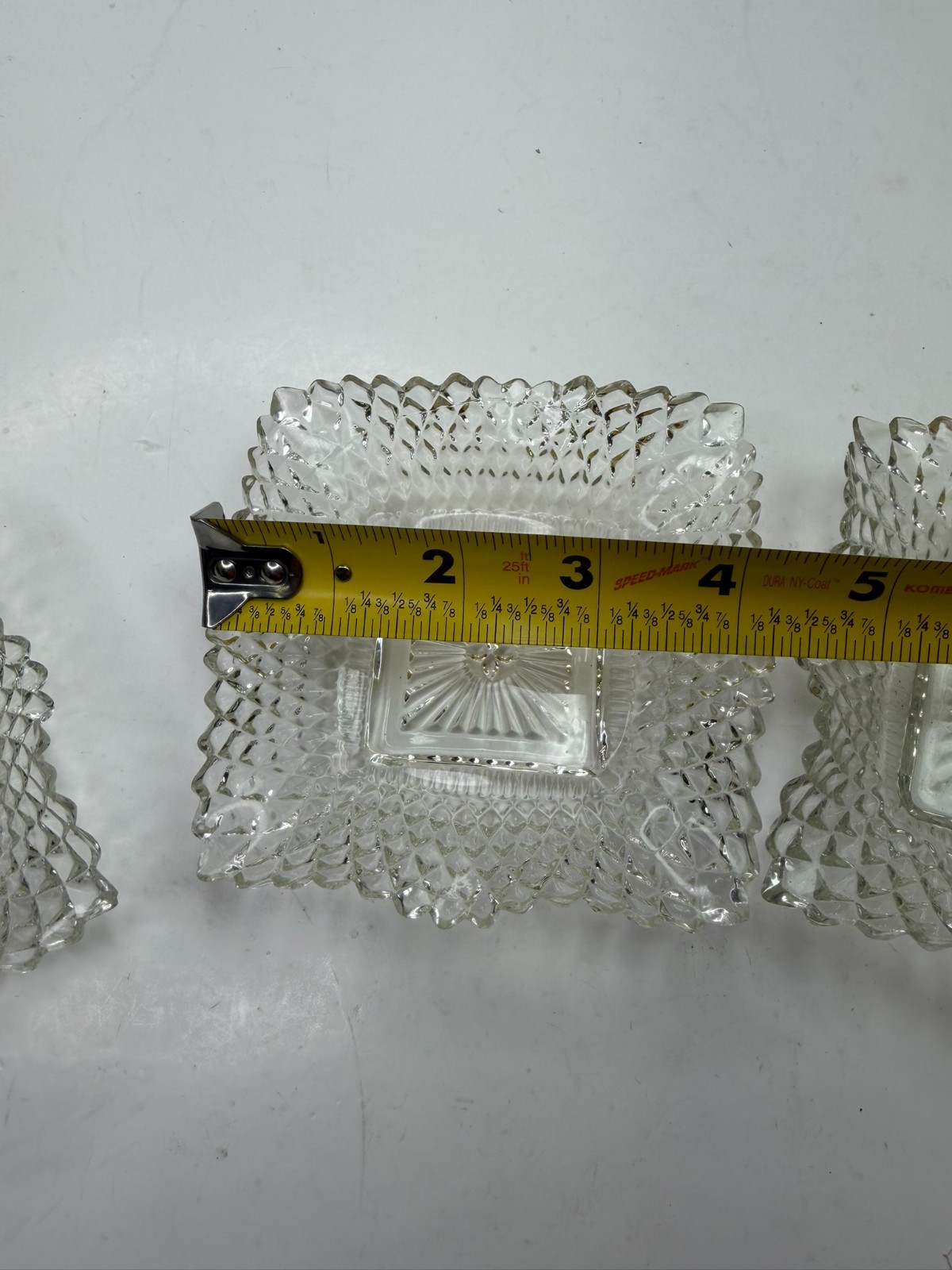 Set of 3, Vtg Indiana Glass 4″ Square Candy Dish Bowls Diamond Cut Ruffled Edge