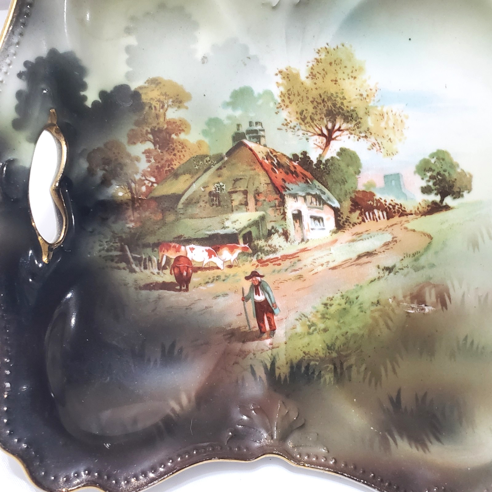 Antique Porcelain R S PRUSSIA Farmer Farm Cows Scenic Dresser Tray