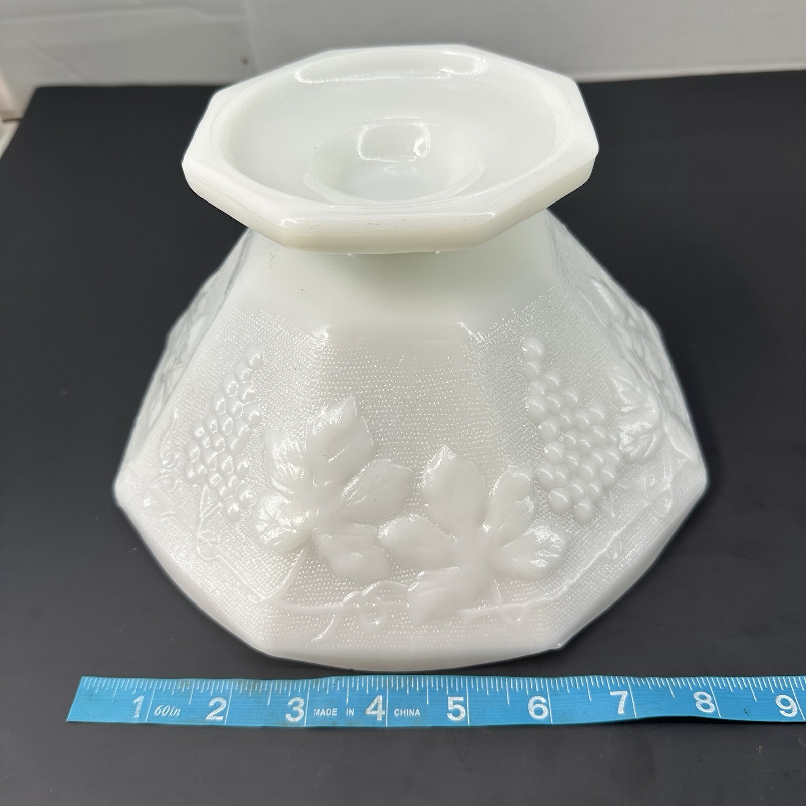 Milk Glass Grapes and Leaves Footed Pedestal Fruit Bowl Octagon 9″