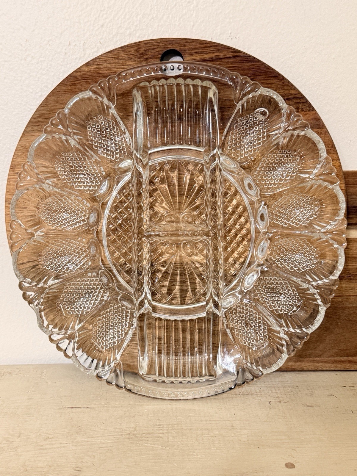 Vintage L.E. Smith Deviled Egg Plate Platter Relish Tray Glass Diamond Design.