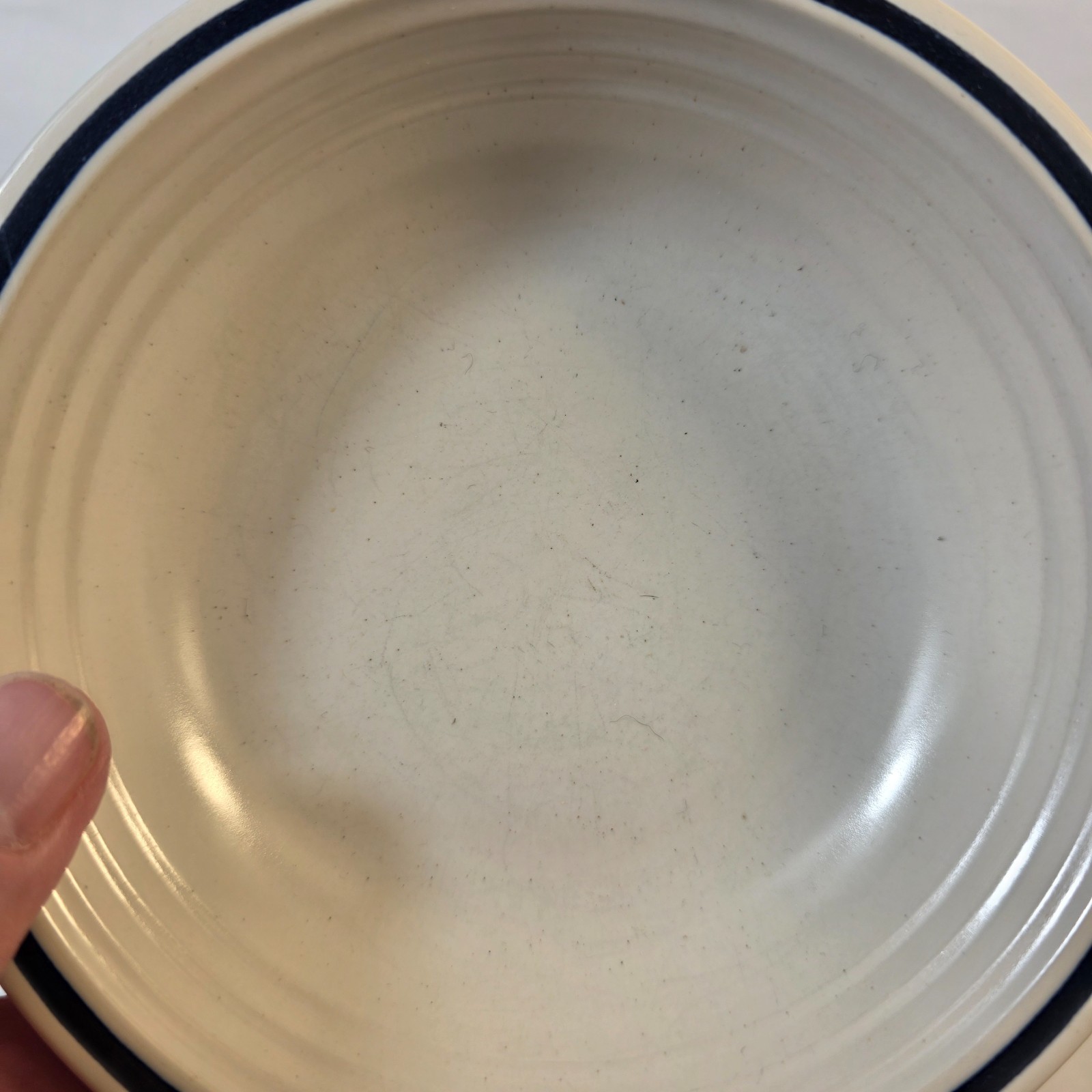 FOUR Town & Country Blue Ridge Fruit Bowls White with Blue Ring on Rim