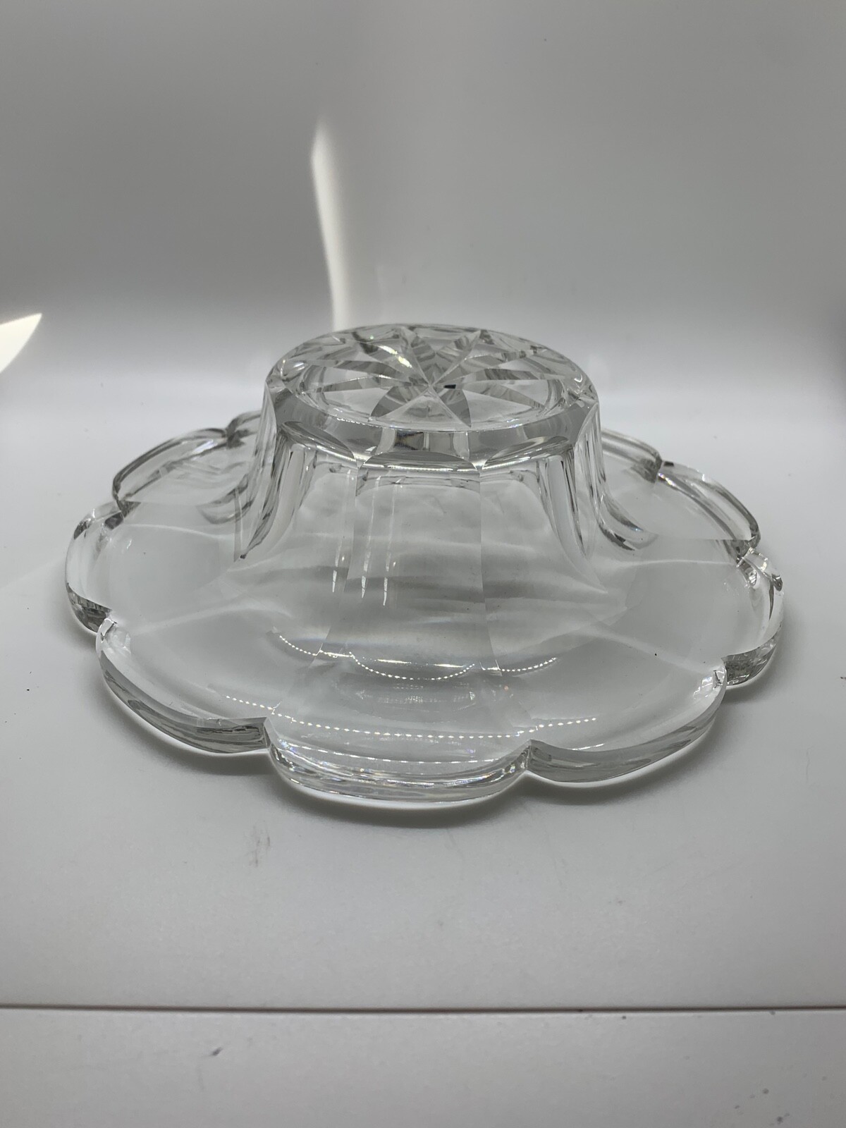 Cut Polished Crystal Bowl Scallop Edge Etch F Monogram High End Elegant Antique