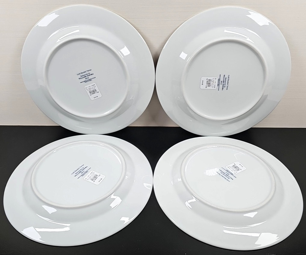4) Williams Sonoma Gold Banded Tartan Dinner Plates Set Plaid Serving Dishes Lot