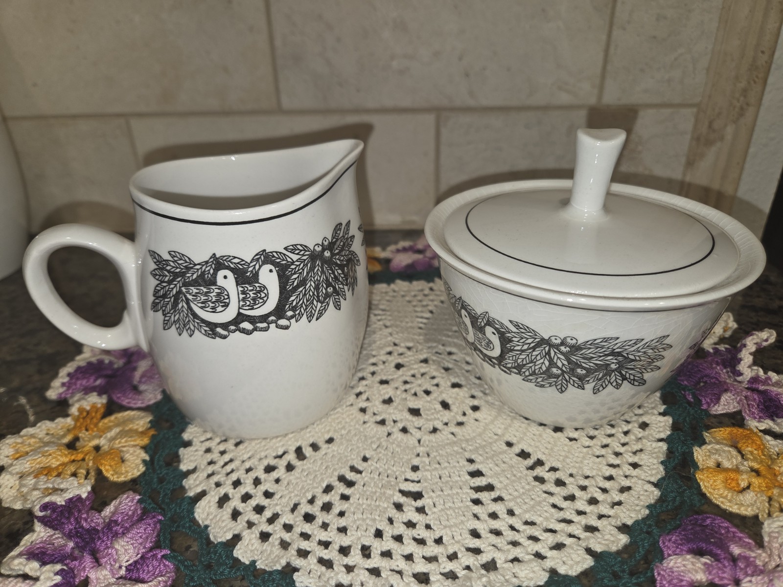 Set- Fransican Bird N Hand White Stoneware Creamer And Sugar Bowl