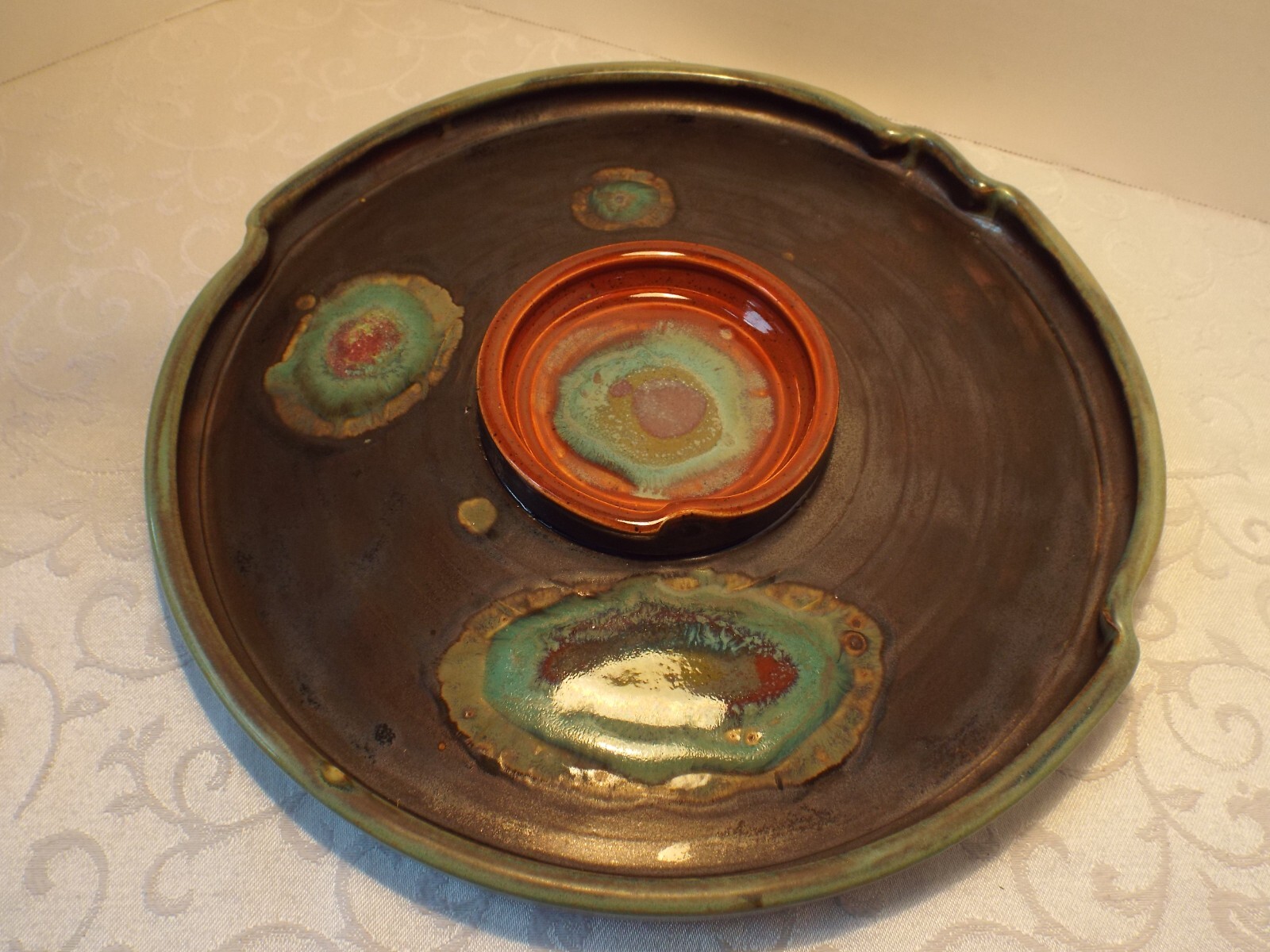 Pottery Chip & Dip Platter Glazed Artisan Made Signed Fused Glass Spots Unique