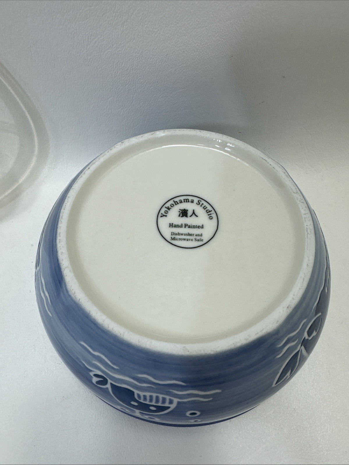 Yokohama Studio Hand painted pottery Whale Ocean blue pottery dish w/ lid RARE