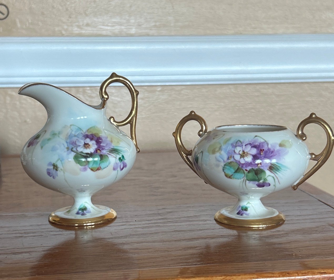 Antique Willets Belleek Floral Hand Painted Creamer & Sugar Bowl Set