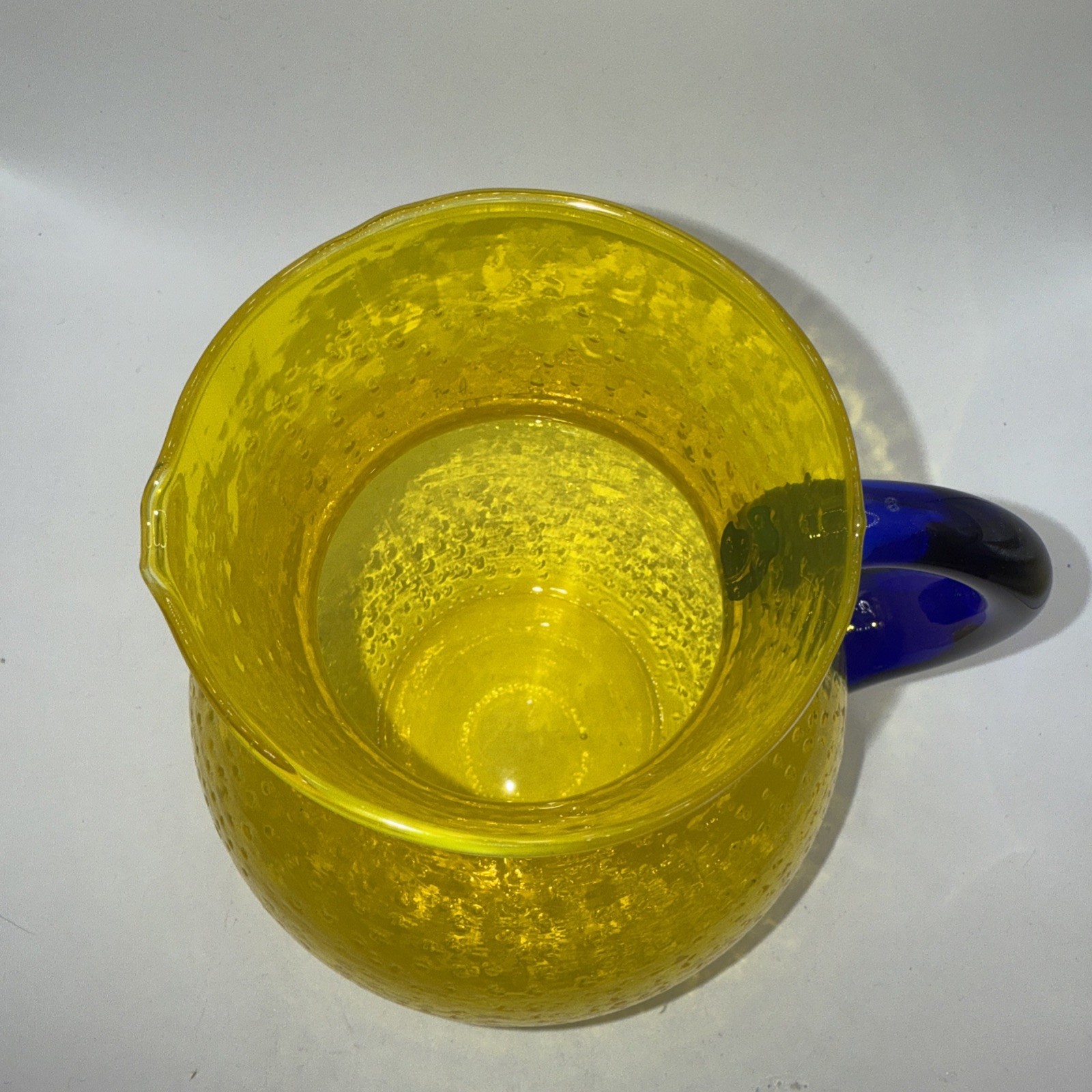 Lemon Yellow Glass Juice Pitcher w/Cobalt Blue Handle Bubble Texture 7”Hx 6”W