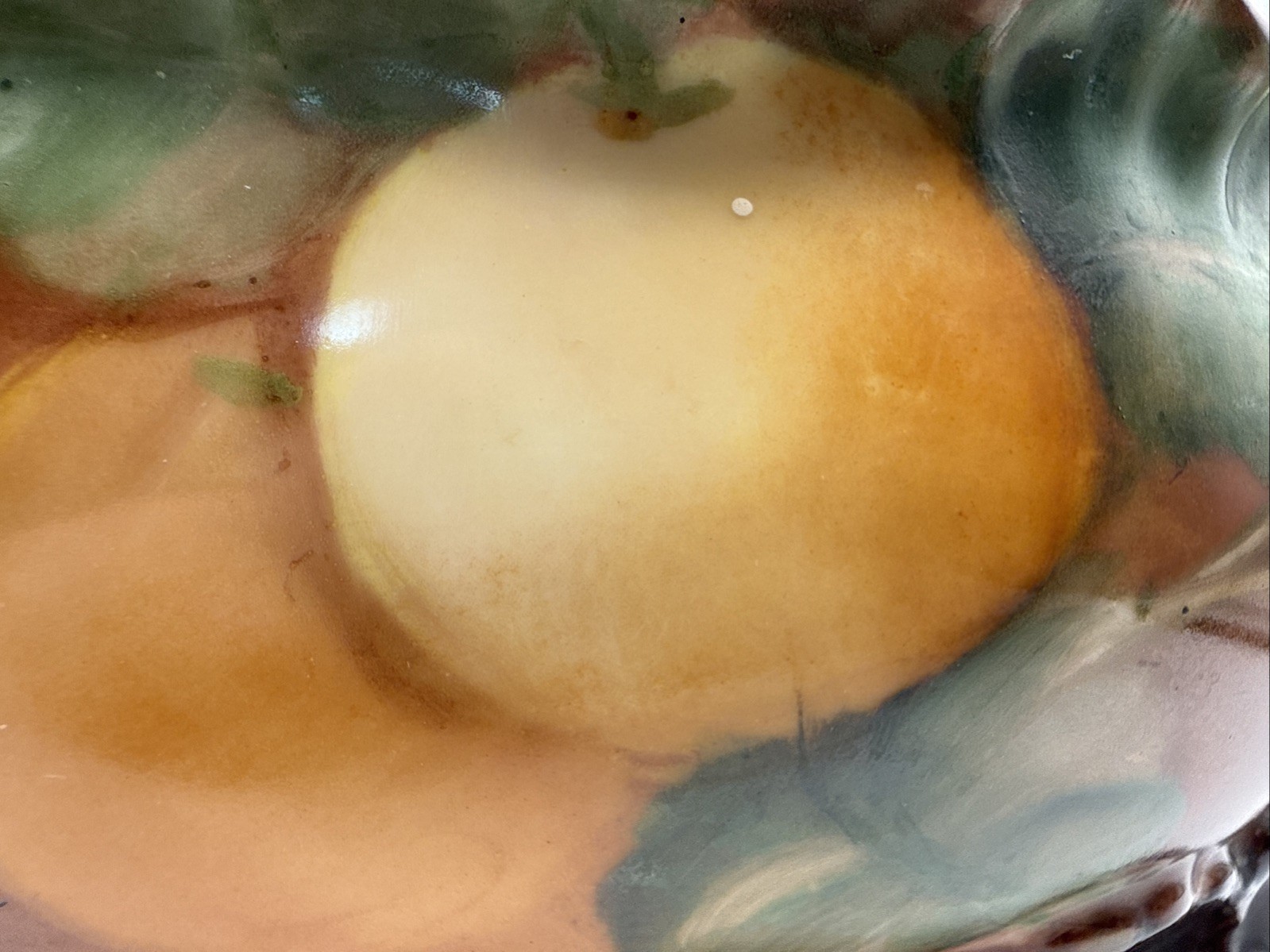 VTG Majolica painted ceramic footed centerpiece bowl with vibrant fruit and Leaf
