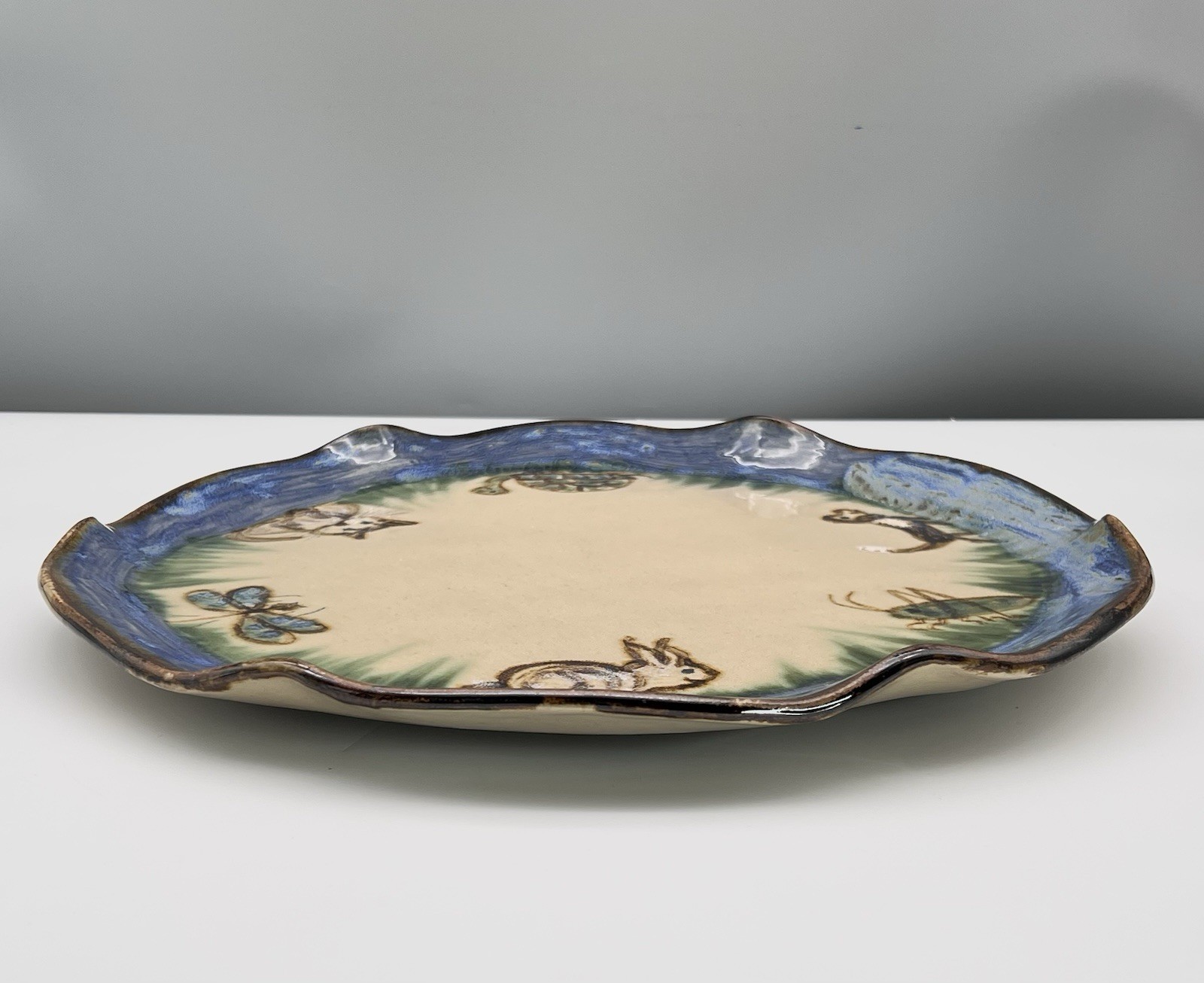 Janet Resnik HUGE 15.25″ LAZY SUSAN PLATTER Country Animals STUDIO ART POTTERY