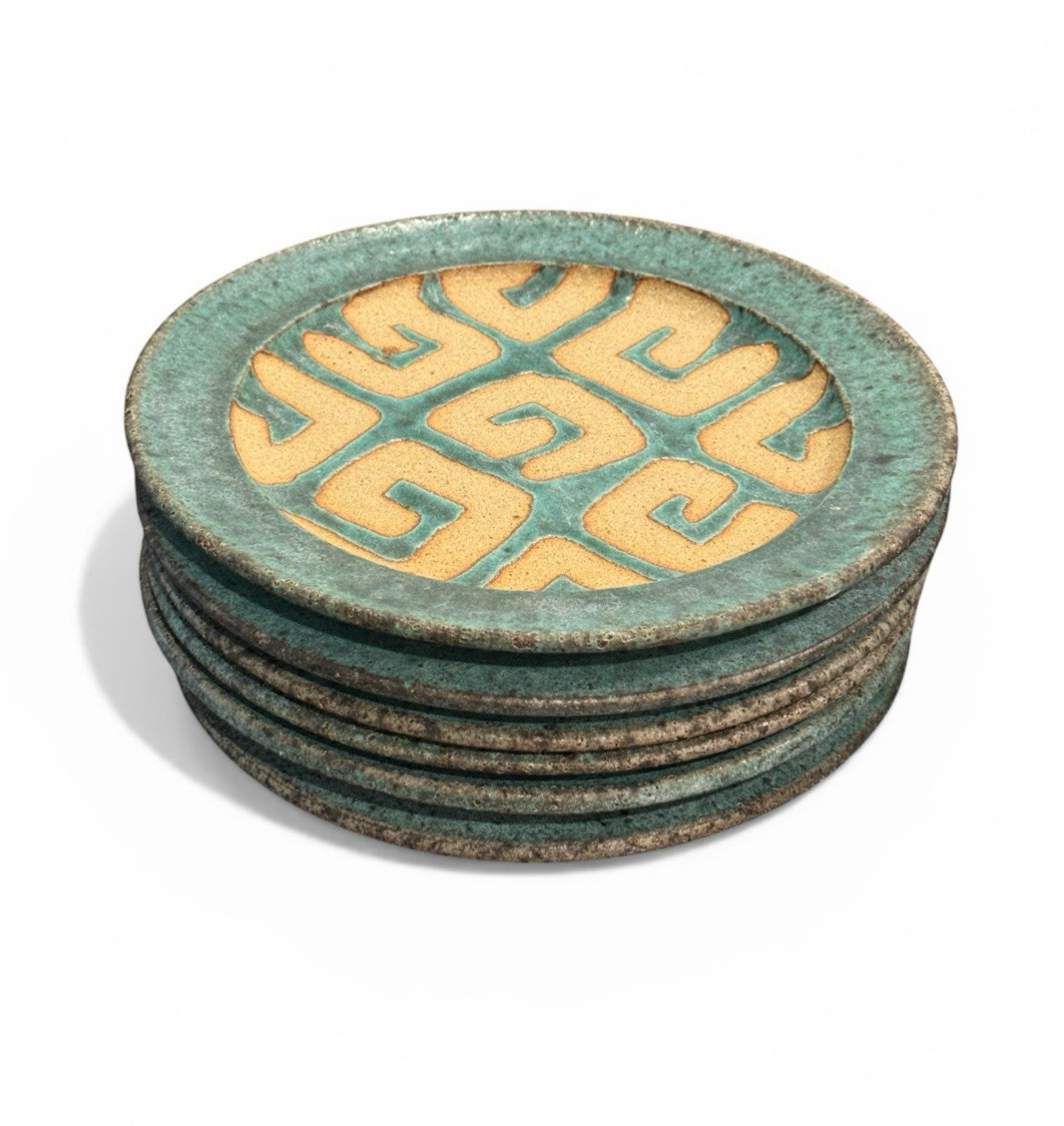 Hand Thrown Studio Pottery Rustic Soup Bowls & Plates Set of 12 Turquoise Sand