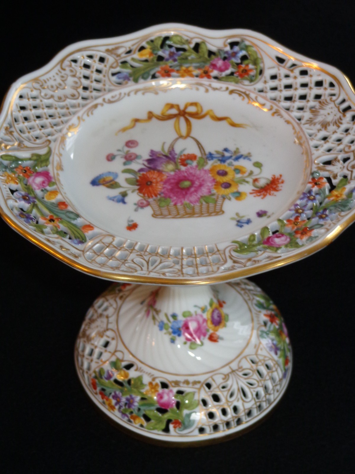 Antique 1905 Ambrosius Lamm Dresen Saxony Reticulated & Floral Compote