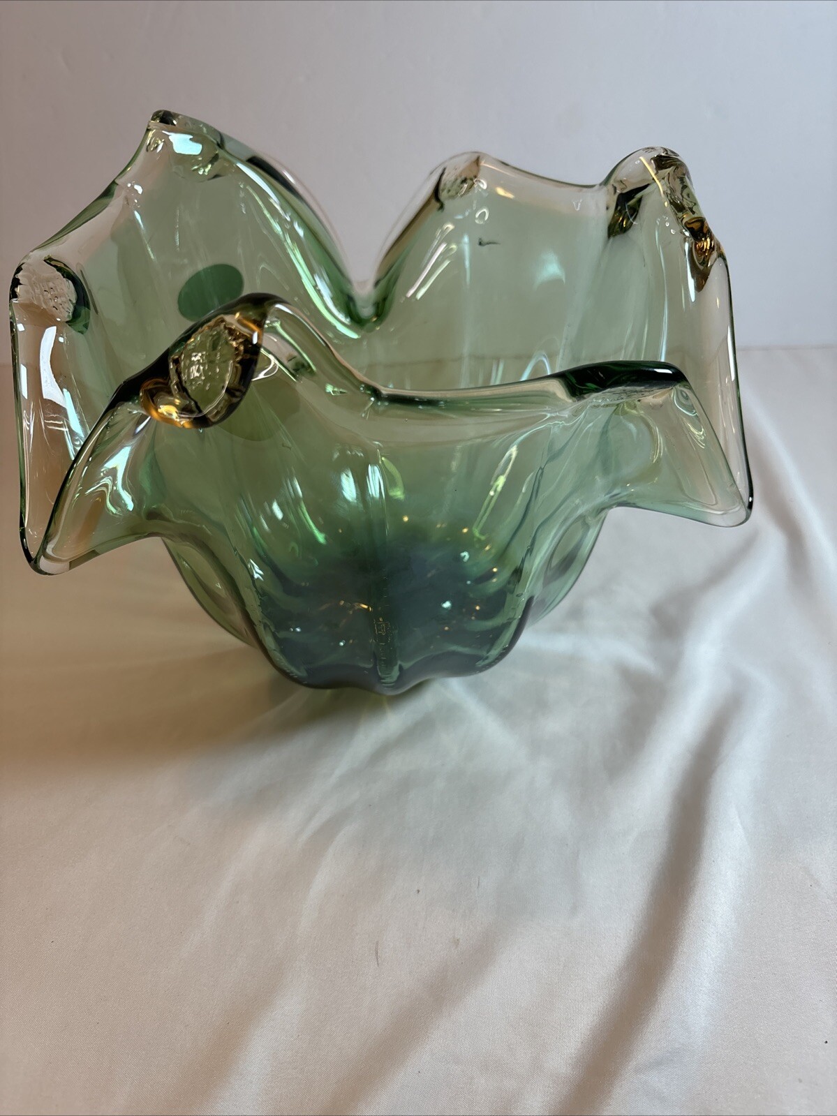 Murano Lavorazione Asymmetrical Art Glass Bowl Blue/Green Wave