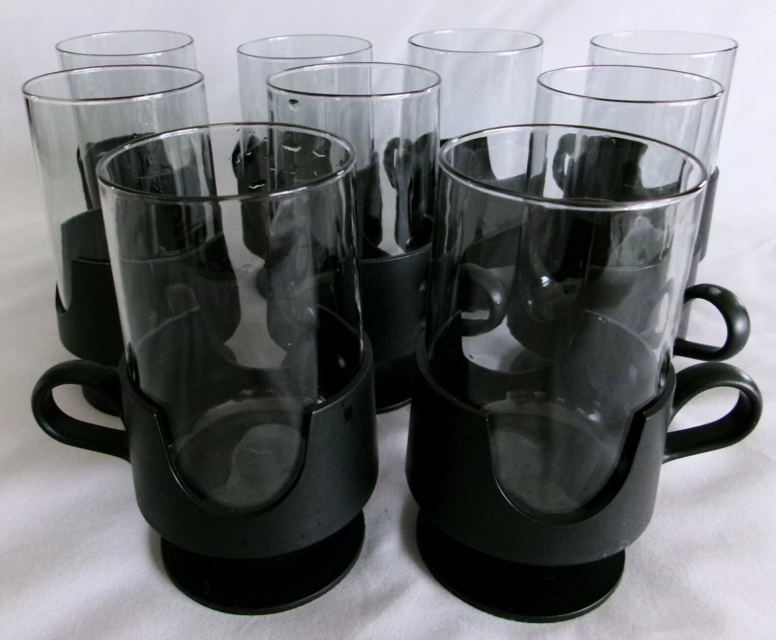 9 Vintage Glas-Snap by Corning 10oz Tumbler w/ Blk Plastic Holder Hot/Cold 1970s