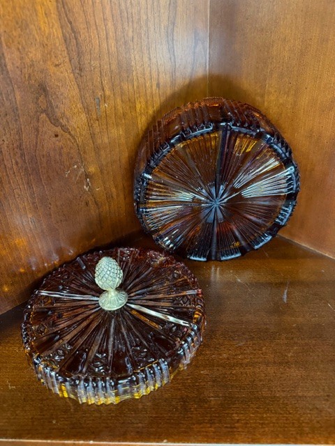 Vintage MCM Indiana Glass Amber Divided Candy Dish Metal Acorn Finial Heavy EUC