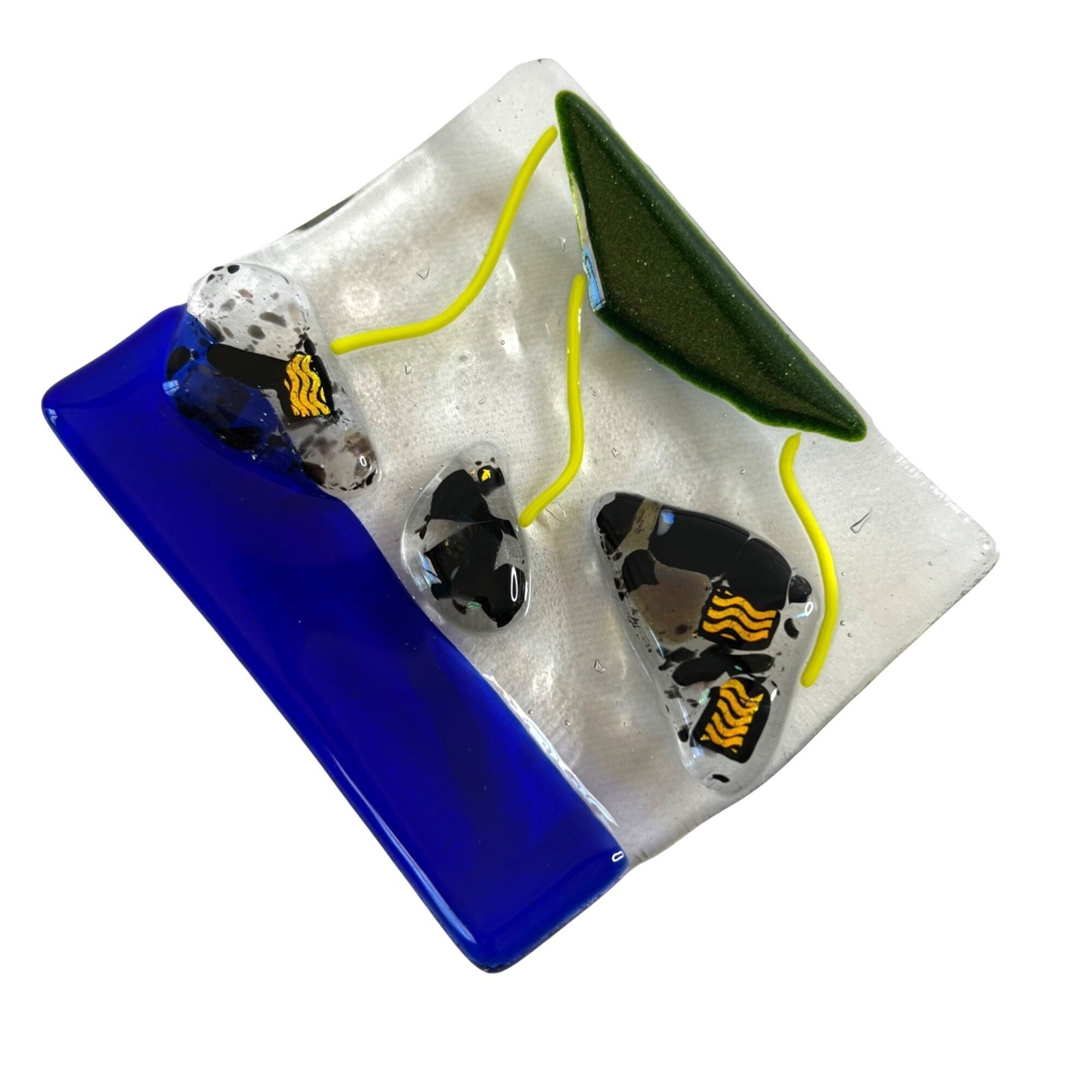 Small Fused Glass Trinket Jewelry Soap Dish Cobalt Black Yellow 4.5×4.5
