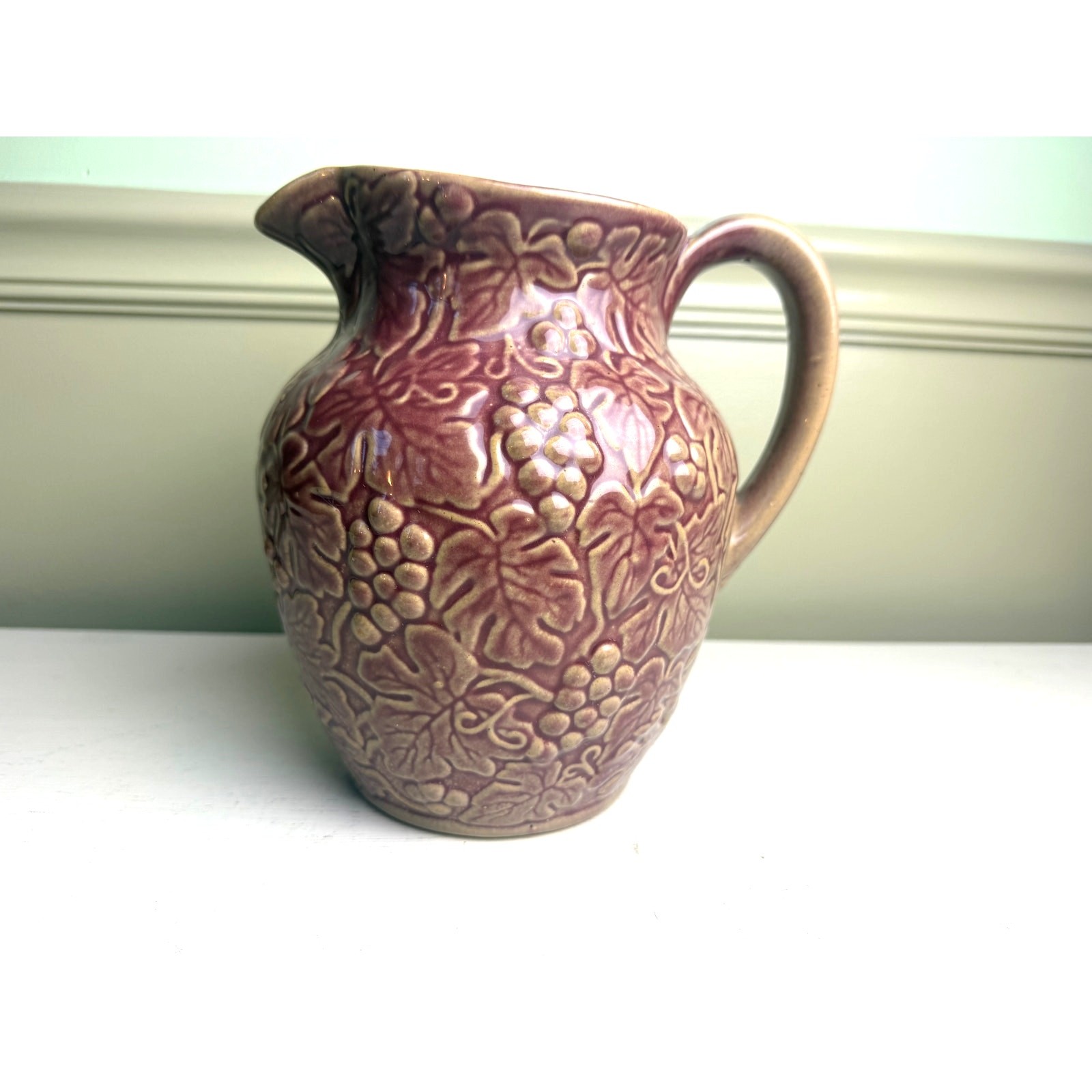 8″ Large Antique UHL Pottery Grapevine Pitcher Rare Mauve Purple Stoneware Vase