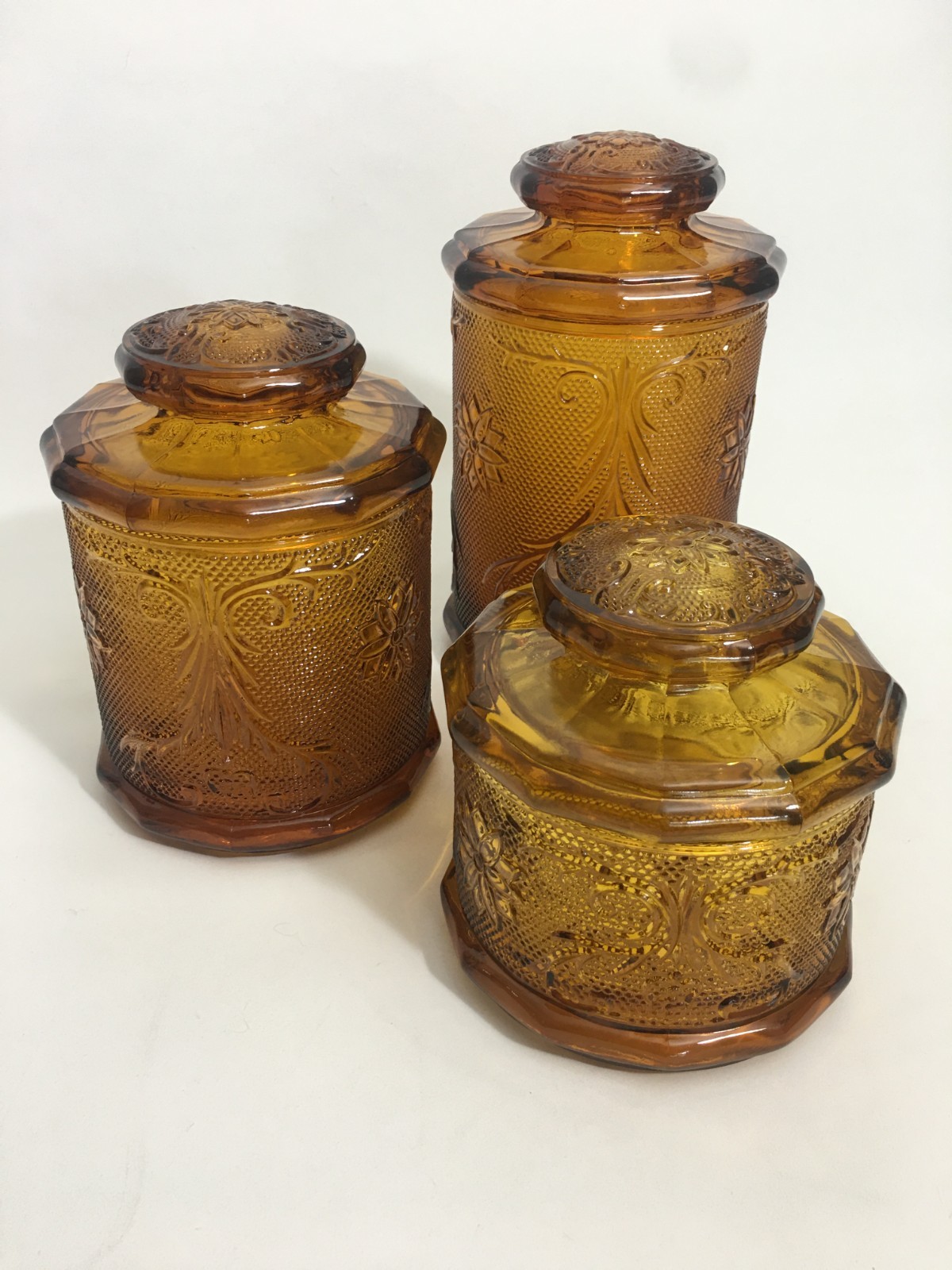 1980s TIARA Indiana Glass Amber Sandwich Pattern 3 Piece Canister Set lids NEW