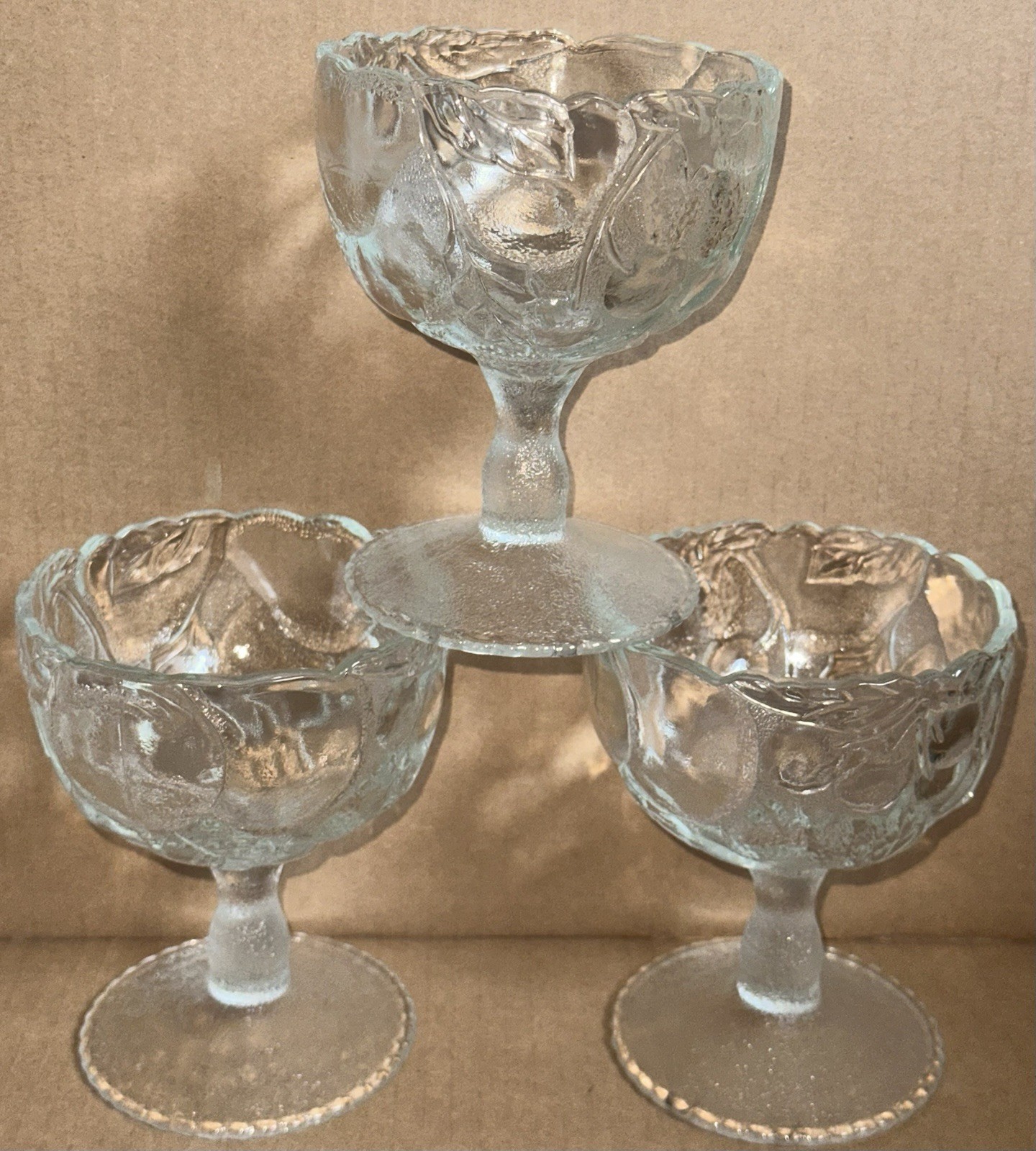 3 Vtg Toscany USA Clear Glass Pedestal Dessert Bowls w/Embossed Fruit Designs