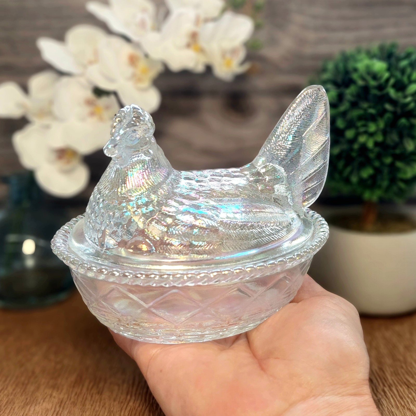 Carnival Glass Hen on Nest Chicken Candy Dish, Depression Style, Vintage Decor