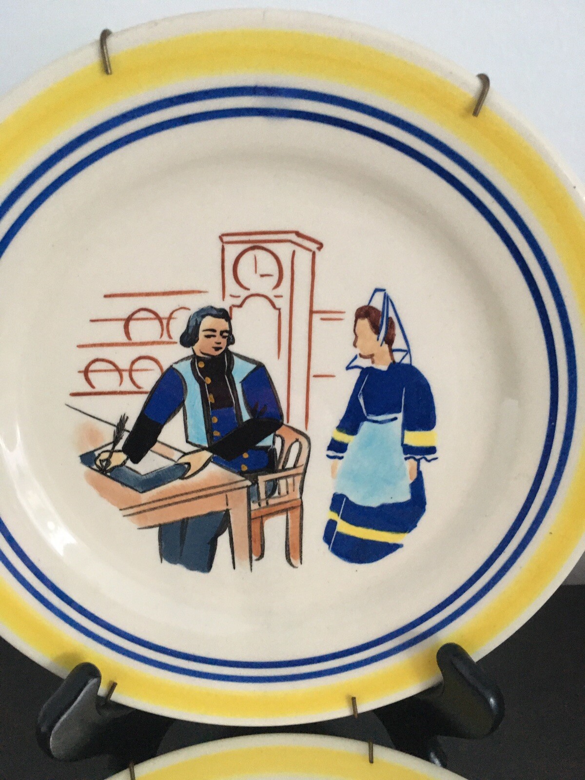 2 Rare Henriot Quimper France Wall Decorative Plates Yellow Border D 8 1/4”