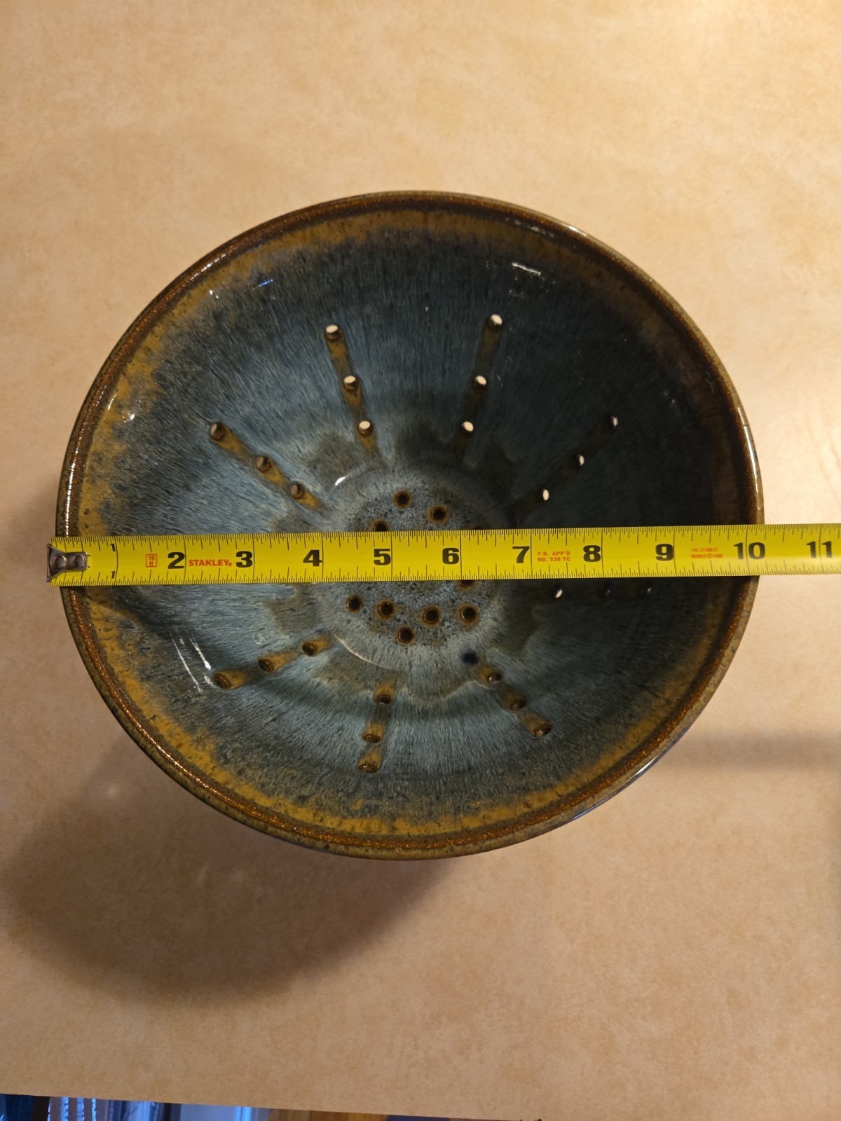 Glazed Pottery Vegetable Strainer Bowl Blue Beige Colander Heavy Kitchenware