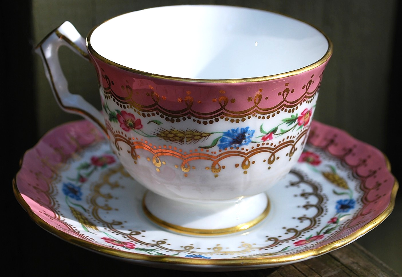 Vtg AYNSLEY ENGLAND Footed Teacup & Saucer HARVEST WHEAT/PINK FLORAL Bone China
