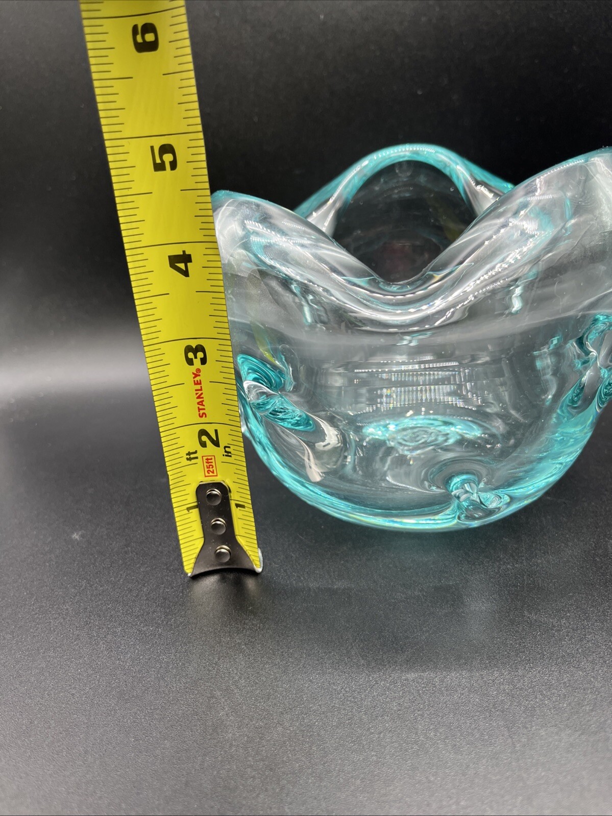 Hand blown Art Glass Bowl Aqua Pinched/Dimpled Sides