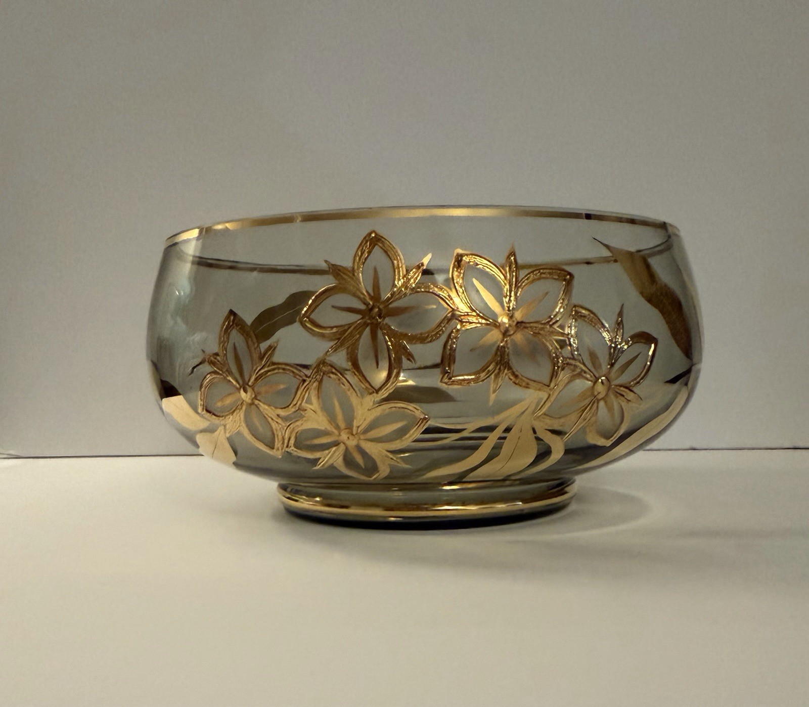 Vintage Bohemia Crystal Smoke Glass Bowl Gold Gilt Floral Czech MCM