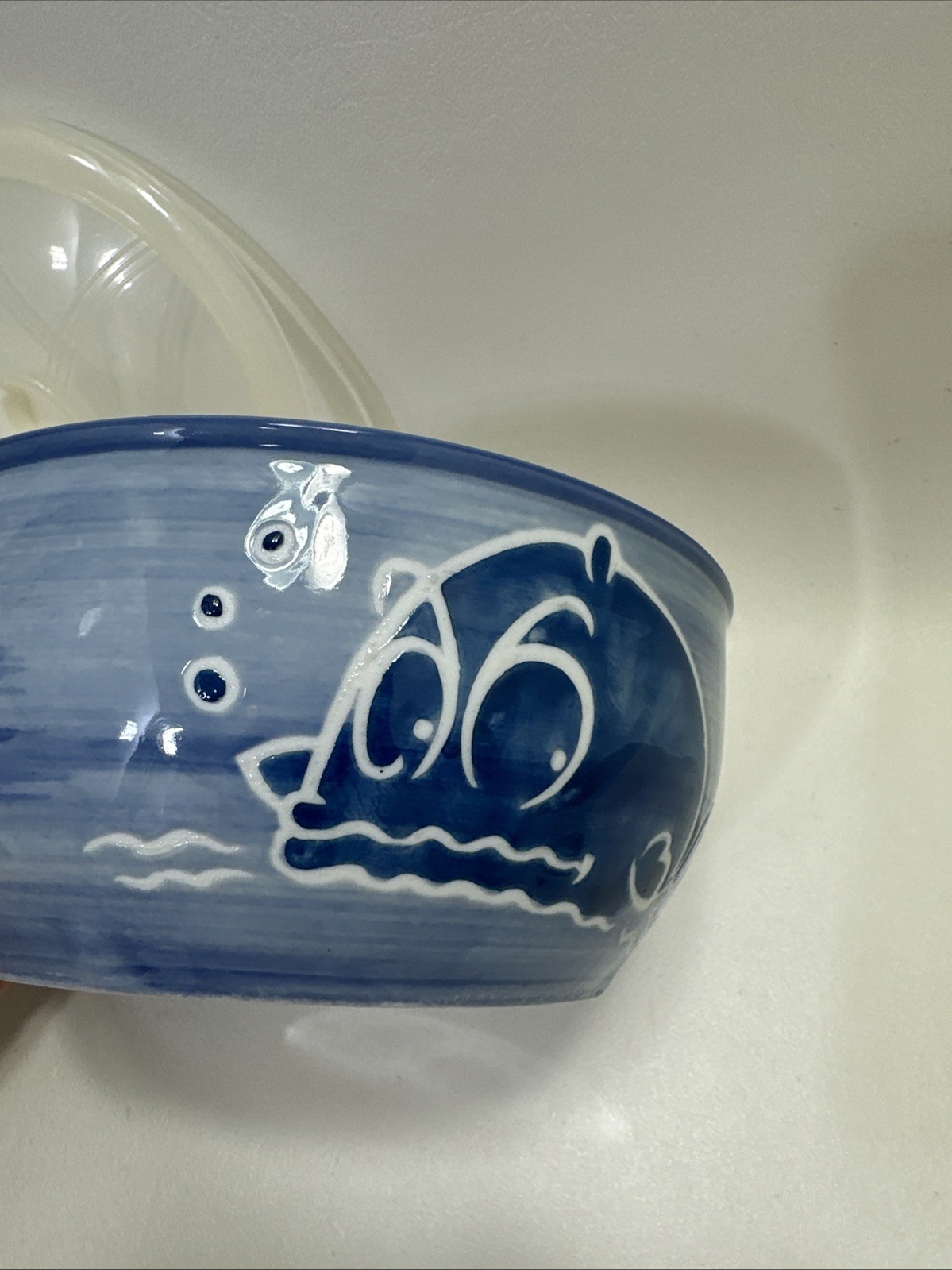 Yokohama Studio Hand painted pottery Whale Ocean blue pottery dish w/ lid RARE