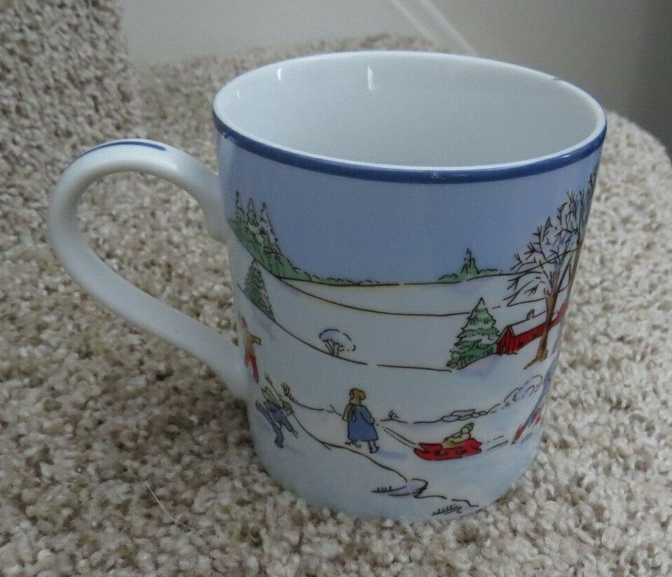 TIFFANY & CO WINTER SCENE MUG COVERED BRIDGE ICE SKATING SLEDDING SNOWBALLS ETC