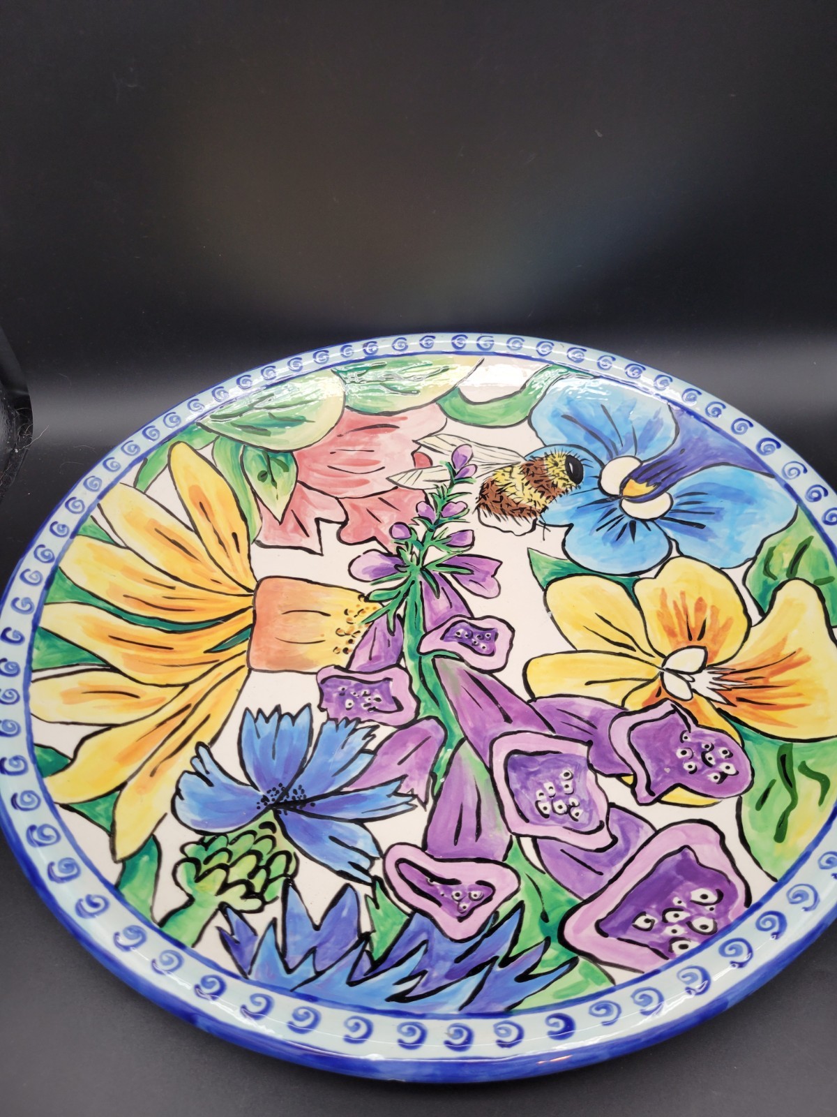 17″ Signed S. MORRELL Studio Art Pottery Platter FLOWERS BEES Centerpiece