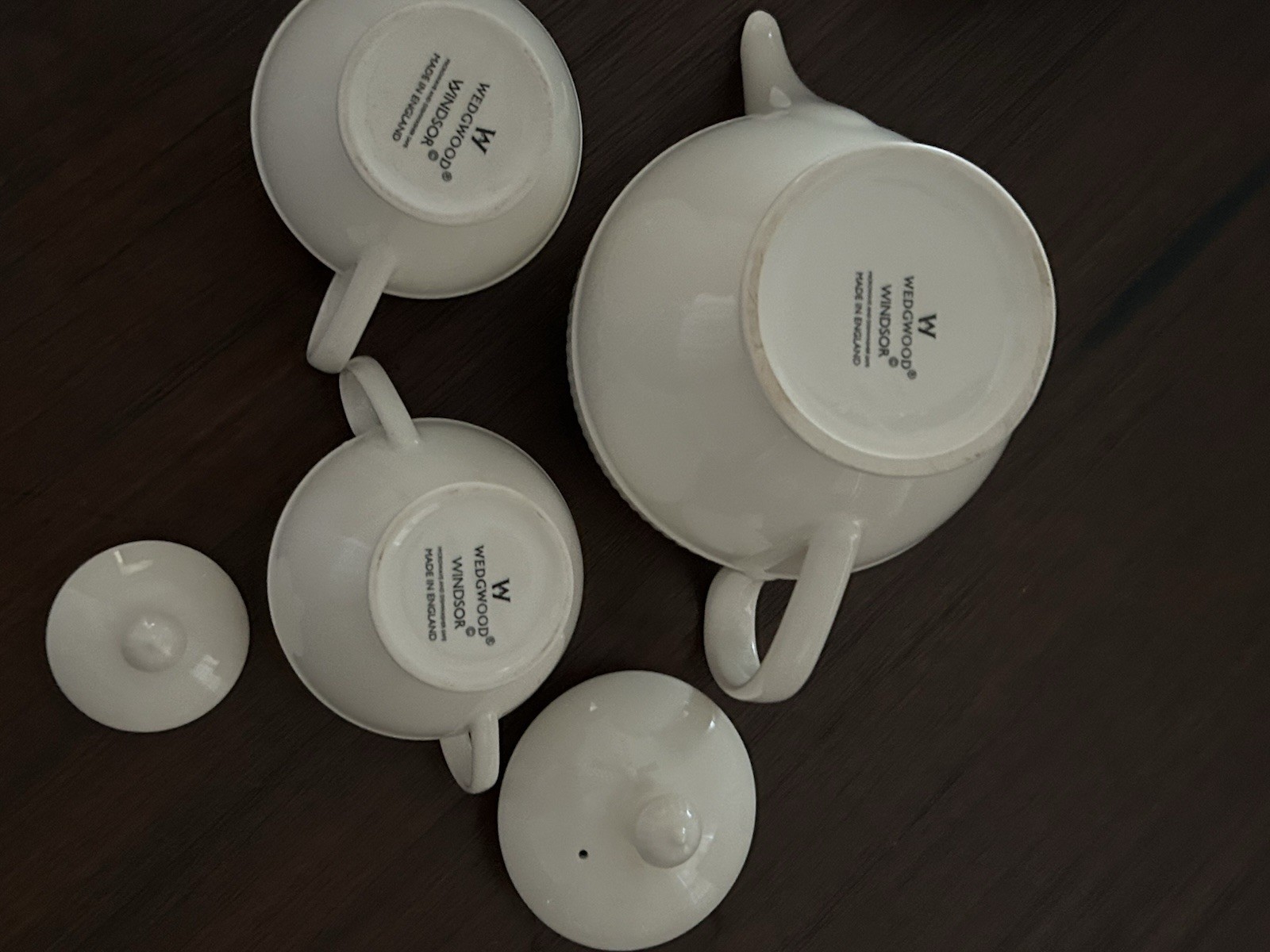 Wedgwood Windsor White 3pc Tea Set Teapot Creamer Lidded Sugar England