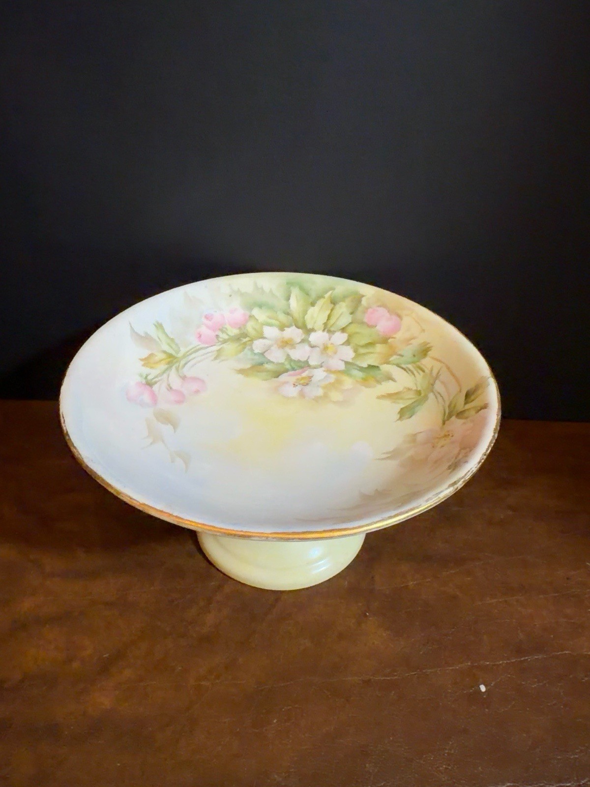 Antique Limoges Hand Painted Pedestal Compote W/ Delicate Floral + Gold Decor