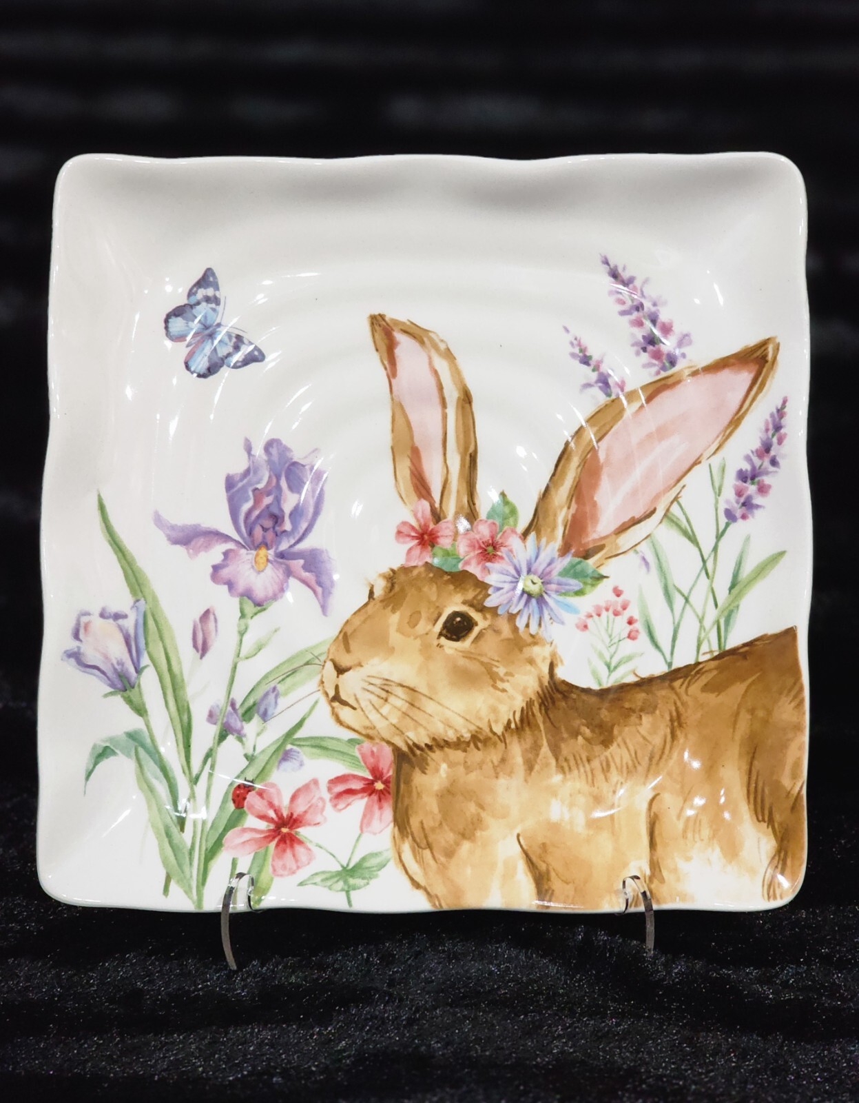 2 Easter Bunny Square Salad Plates Floral 8.75″ Ceramic Maxcera Flower Crown