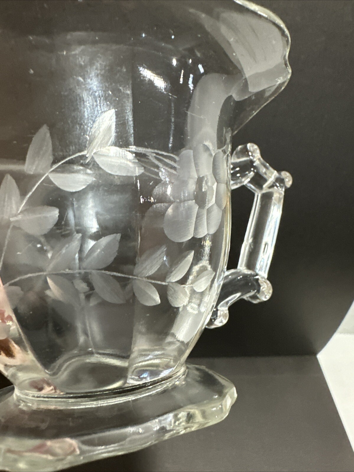 Floral Frosted Pressed Clear Glass Paneled Creamer Vintage