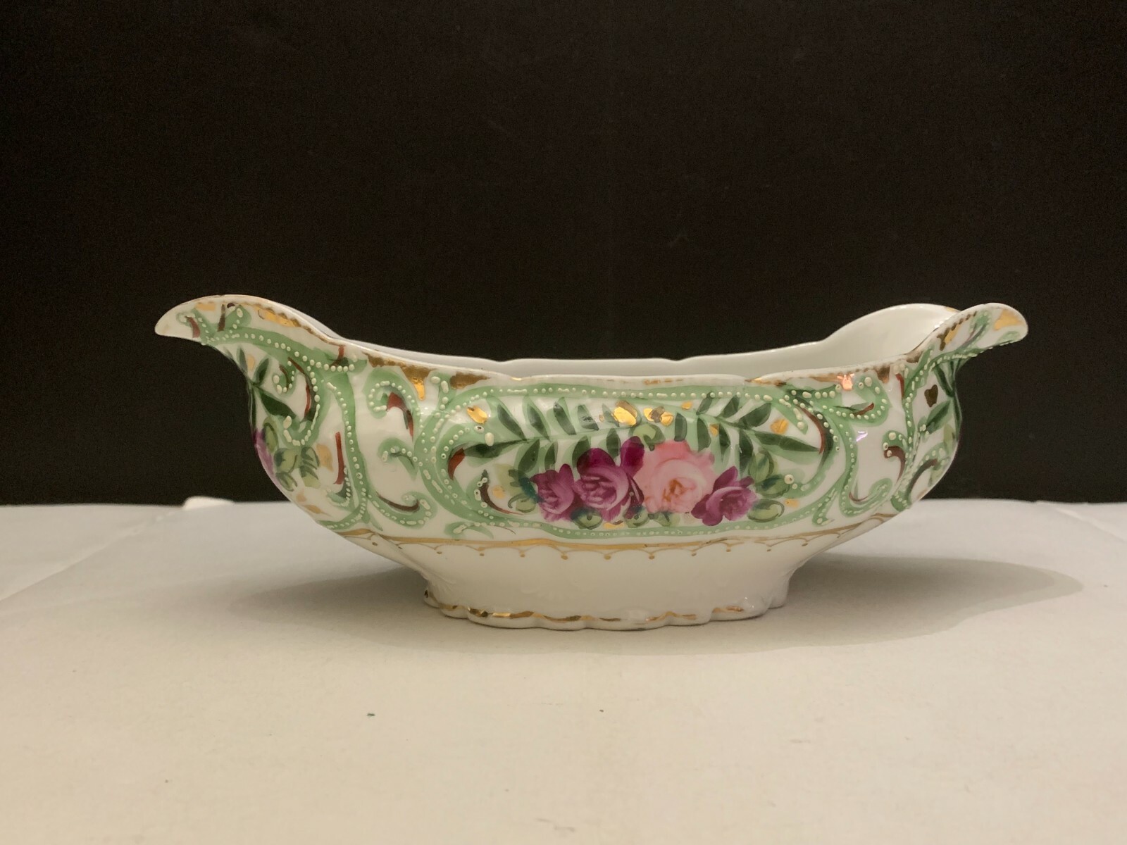 Antique c.1920’s Beaded Porcelain Rose Double Spout Sauce Boat