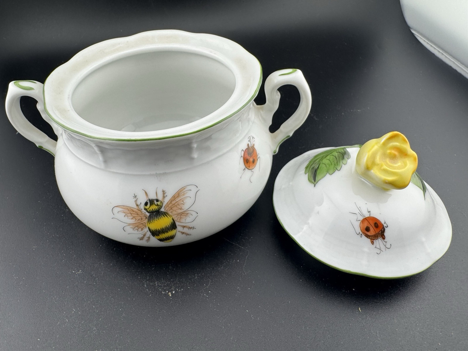 Thun Czech Porcelain Basket Weave Tea Set Hand Painted Bees Flowers And Fruit