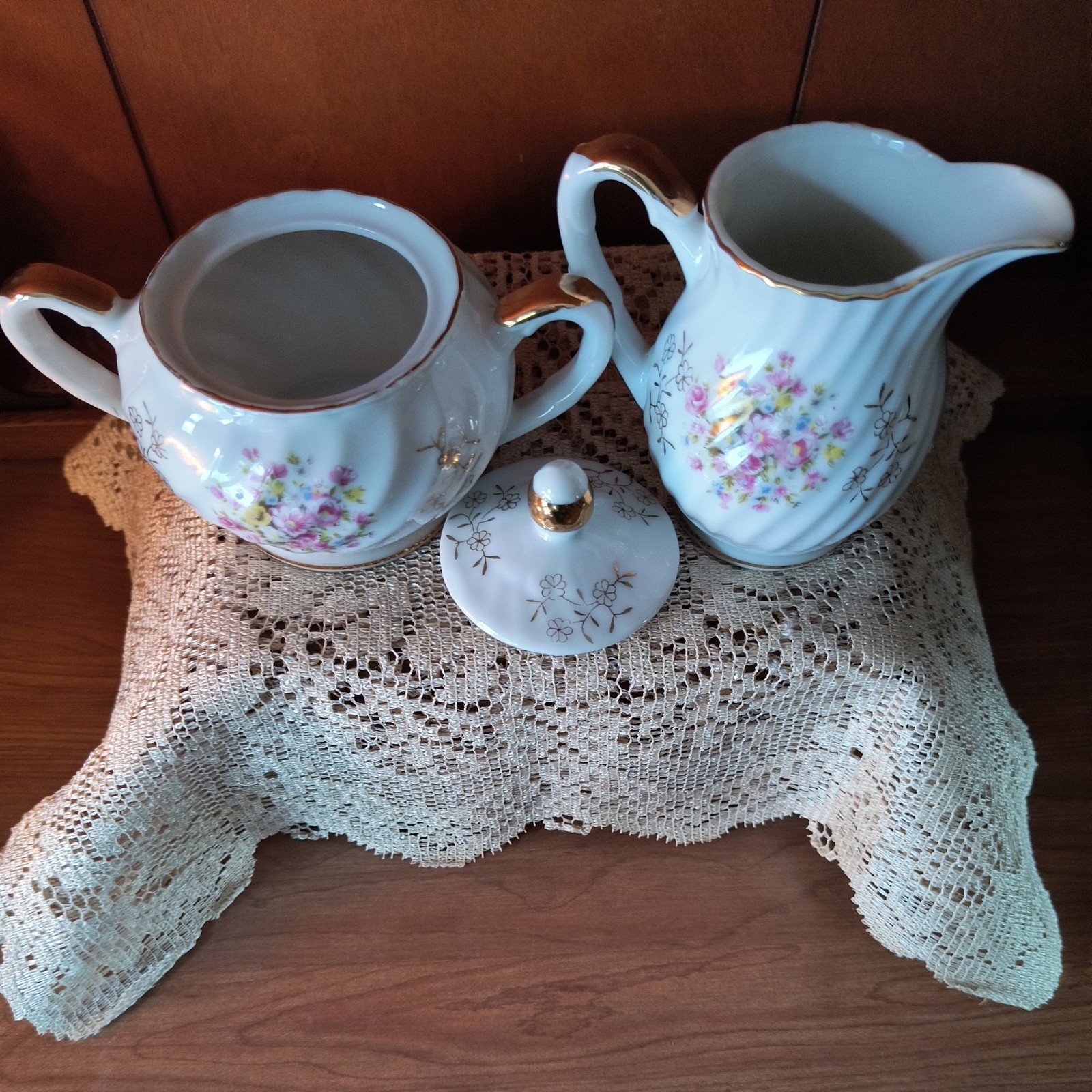 Vintage Pink Floral Porcelain Lidded Sugar Bowl and Creamer Swirled Cottagecore