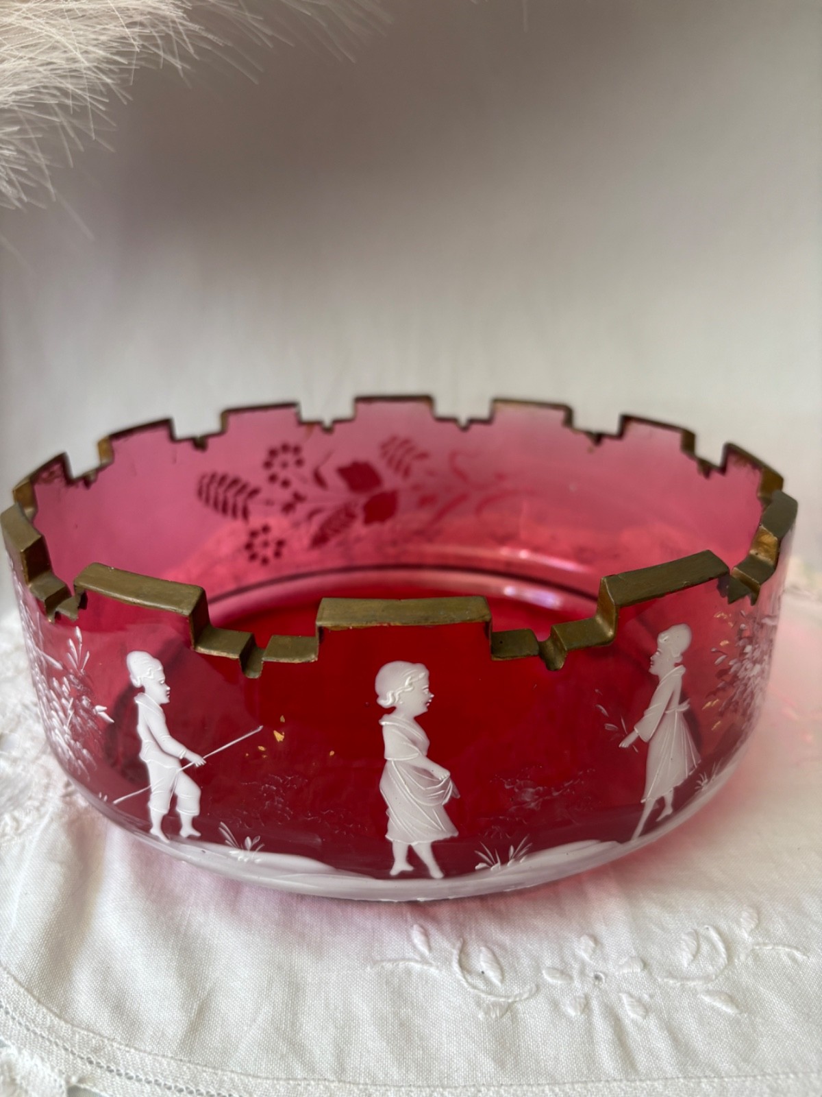 VTG Bohemian Ruby Red Bowl Ruby Flash Cut To Frosted Flower and Children Motif