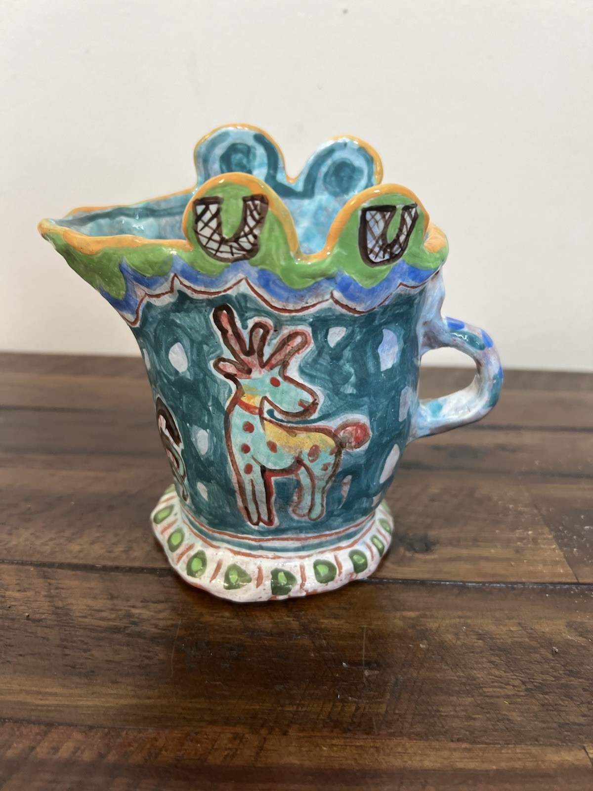 Handmade Folk Art Whimsical Pitcher Colorful Studio Ceramic Pottery Home Decor