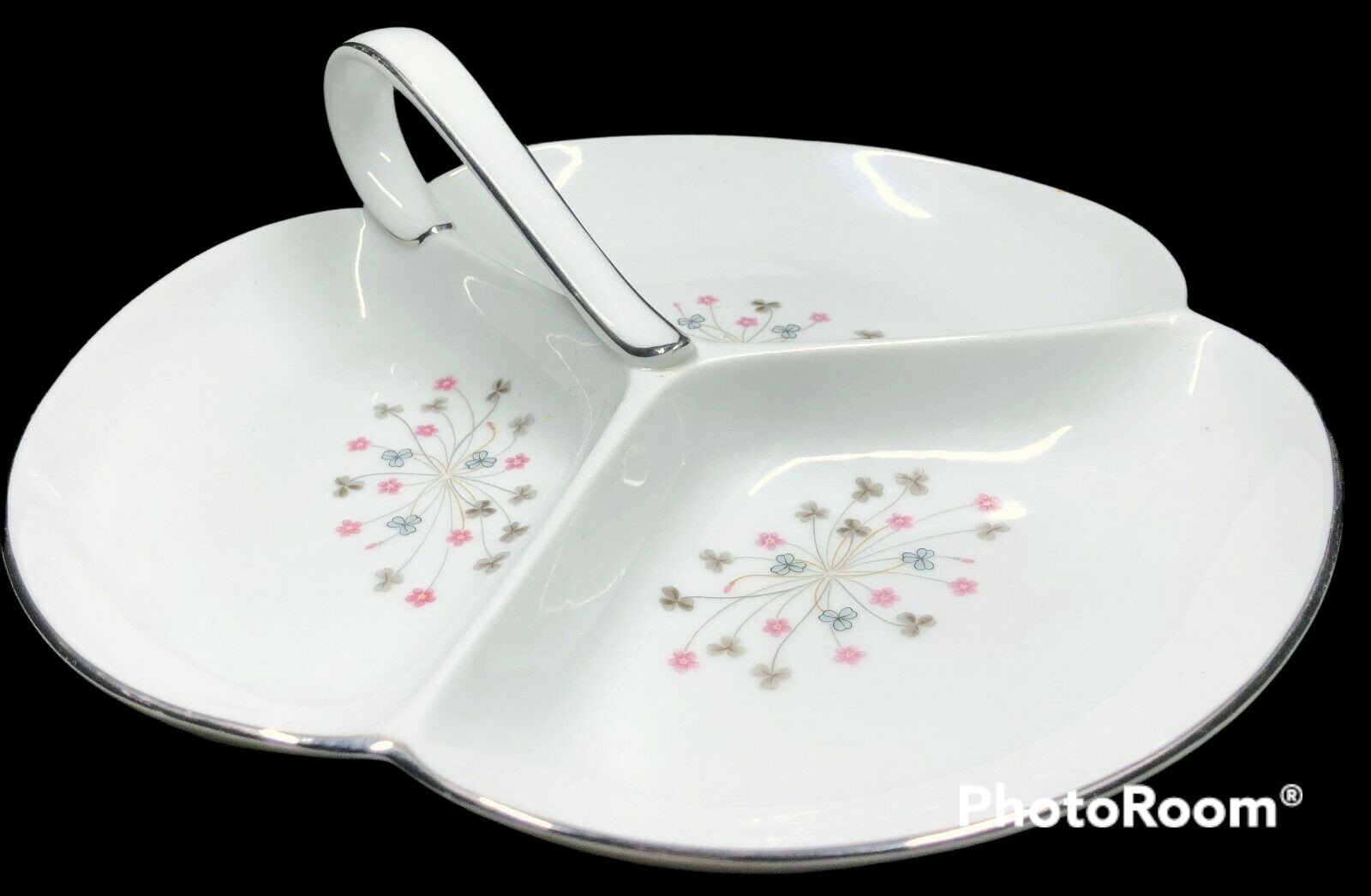 Vintage Noritake Divided Serving Dish Pink Flowers Gray Clovers Handled 10″