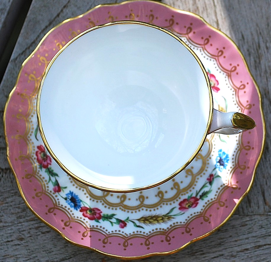 Vtg AYNSLEY ENGLAND Footed Teacup & Saucer HARVEST WHEAT/PINK FLORAL Bone China