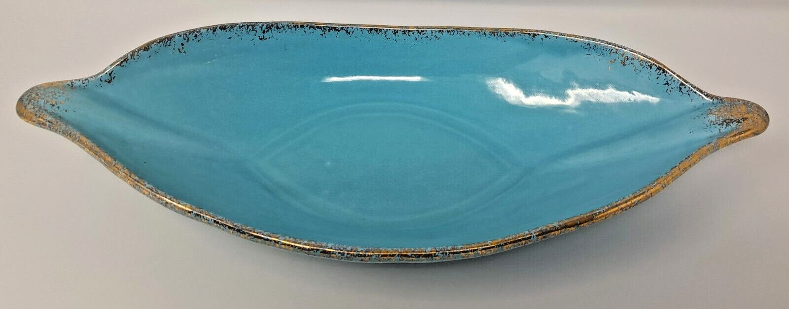 California Pottery Turquoise & Gold 15.5″ Console Bowl Mid-Century Modern USA 45