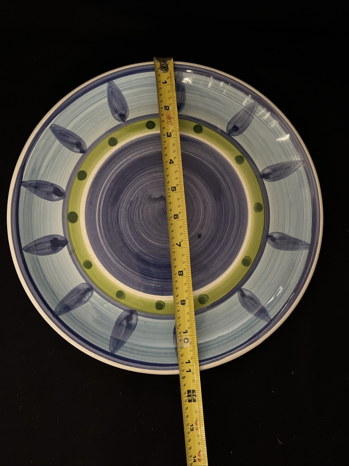 Lot of (2) Caleca Italy BLUE MOON Dinner Plates Hand Painted Green Blue 11 1/4″
