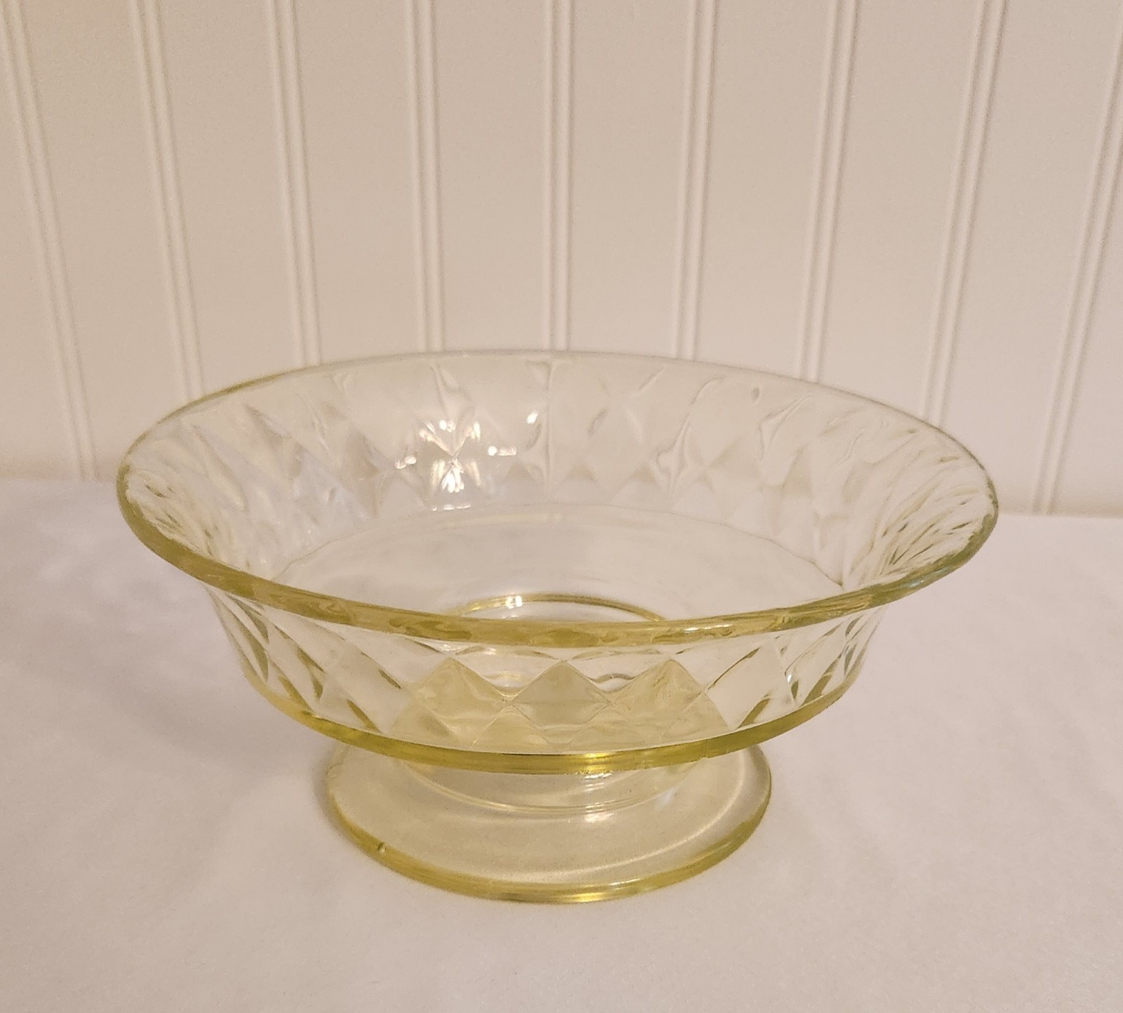 Antique Bryce Vaseline Canary Yellow Uranium Glass Diamond Quilt Compote Bowl