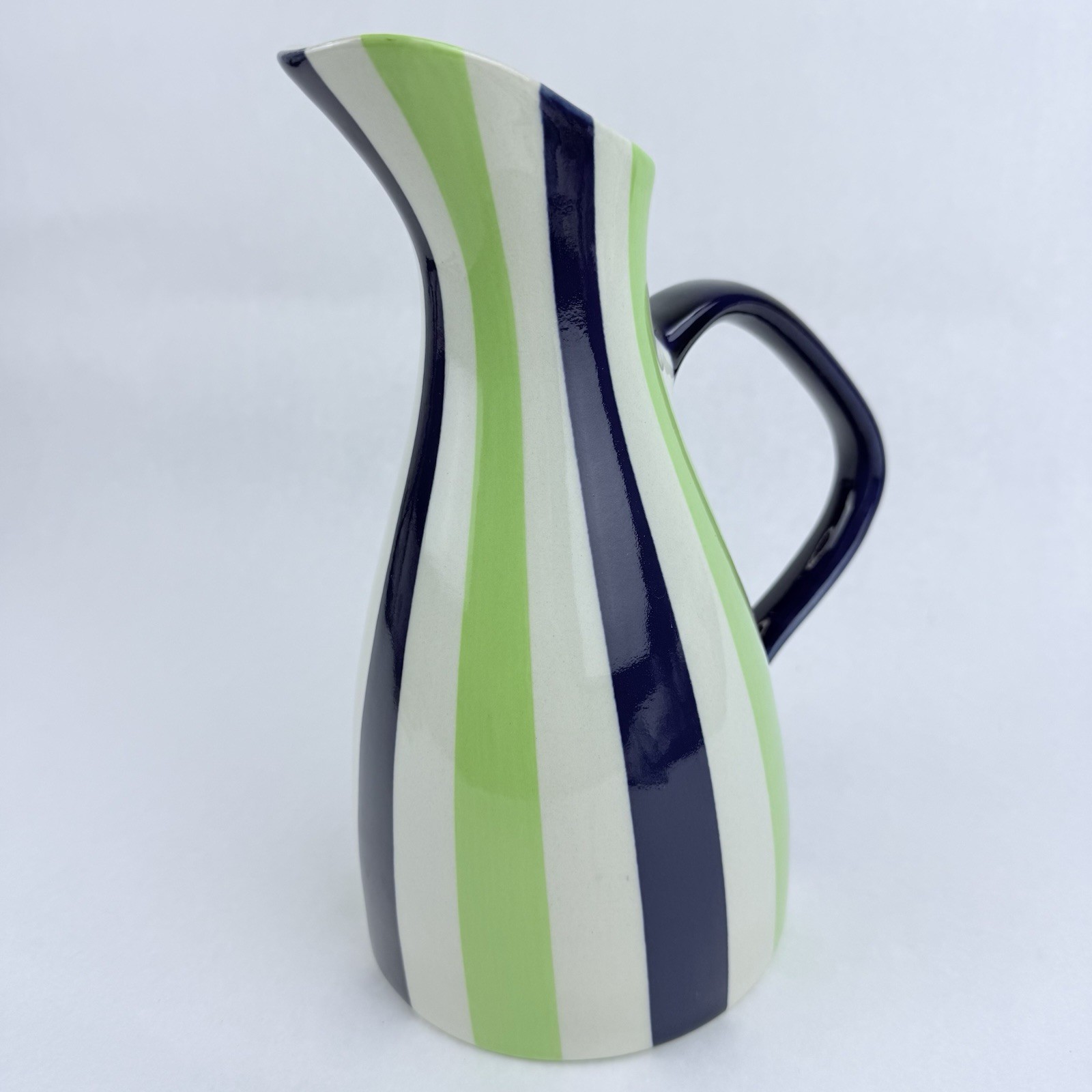 Vintage Jonathan Adler Ceramic Pitcher Pot Porter Green Blue White Stripes 9.5”