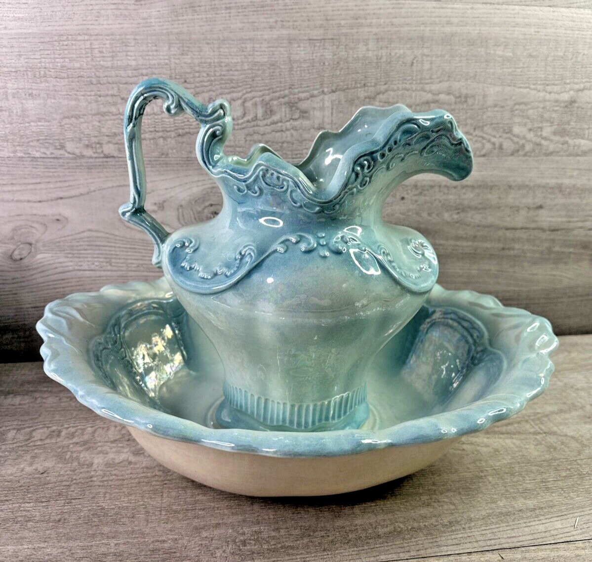 Vintage Arnel’s Blue Pearl Ceramic 10″ Pitcher & 15.5″ Oval Basin Set