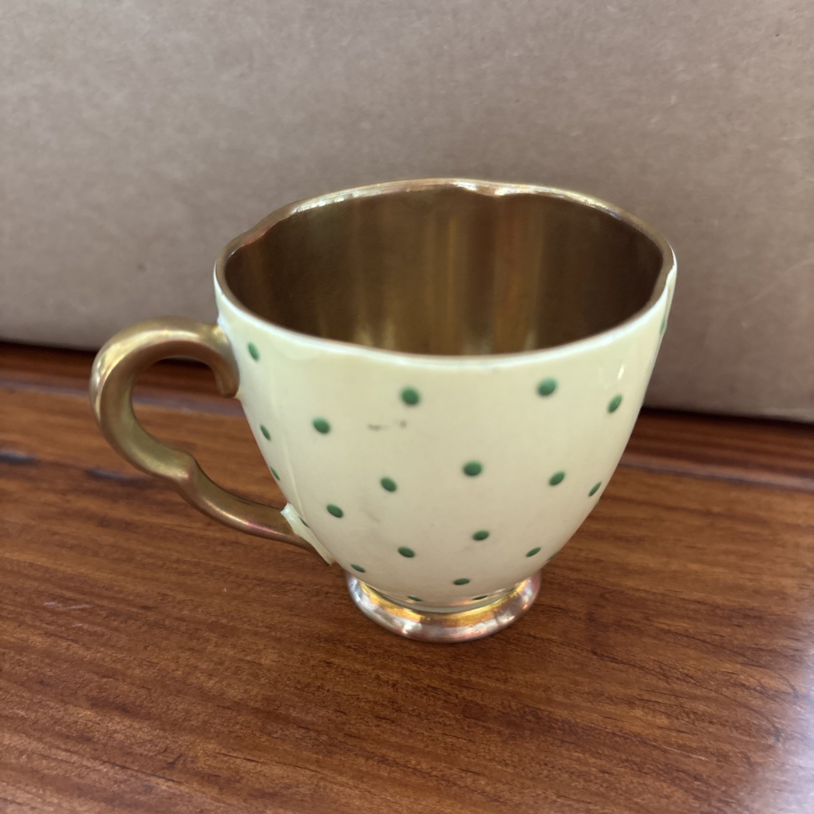 Carlton Ware Dematisse Hand painted Tea Cups/Saucers. Pale Yellow With Green Dot